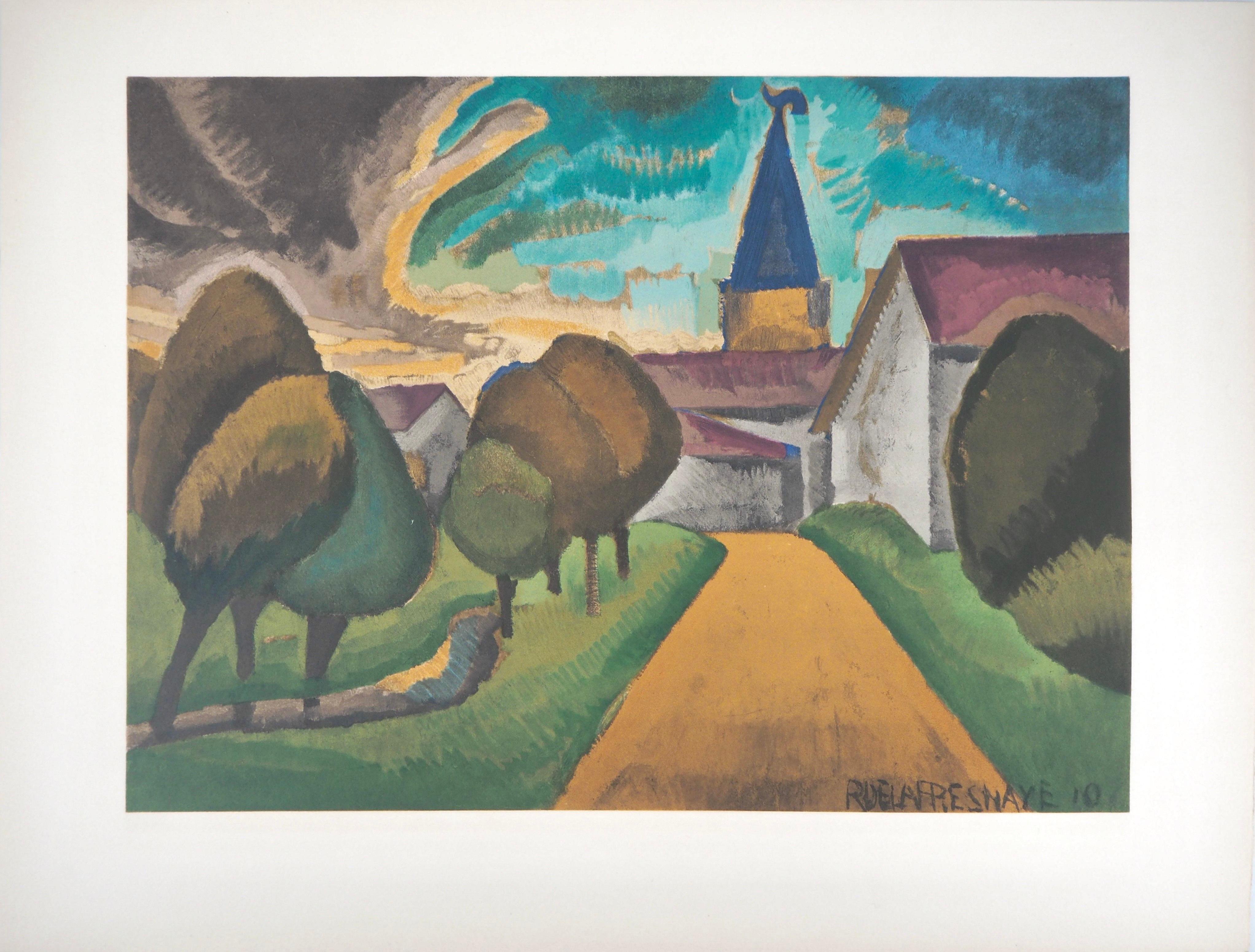 This exquisite lithograph after Roger de La Fresnaye (1885–1925), titled L'entree du village (The Entrance to the Village), from the album Roger de la Fresnaye, III, Collection Pierre Levy, 1968, originates from the edition published by Fernand