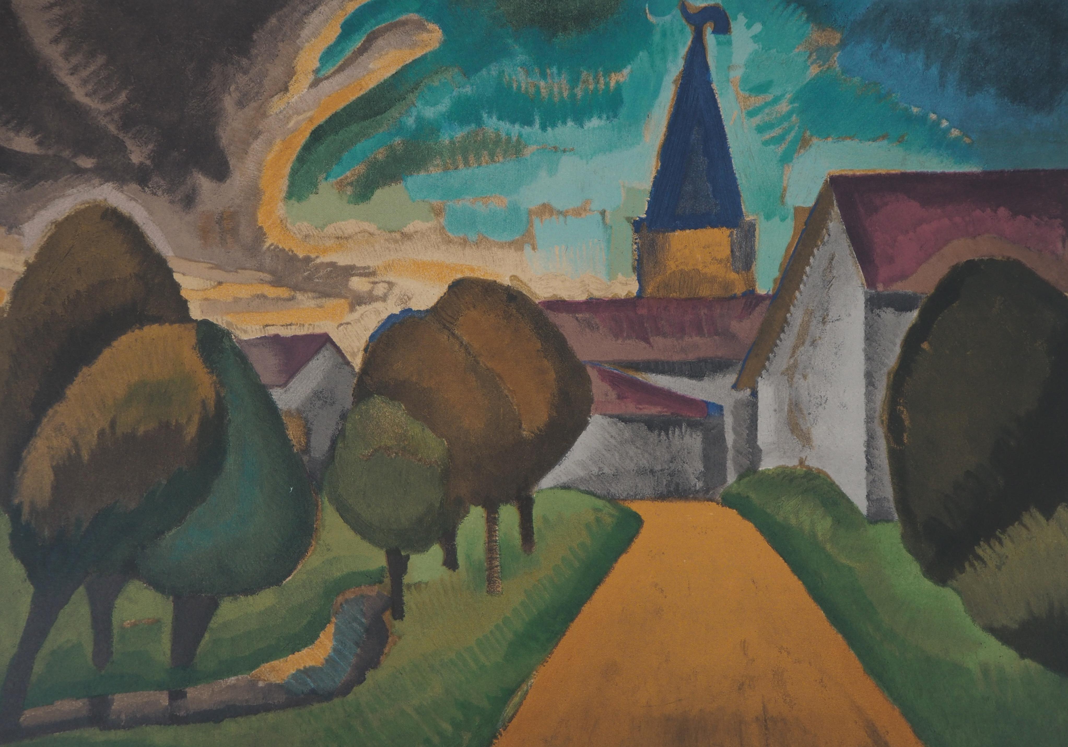 Piccolo villaggio - Litografia, Mourlot - Landscape Print Grigio di Roger de la Fresnaye