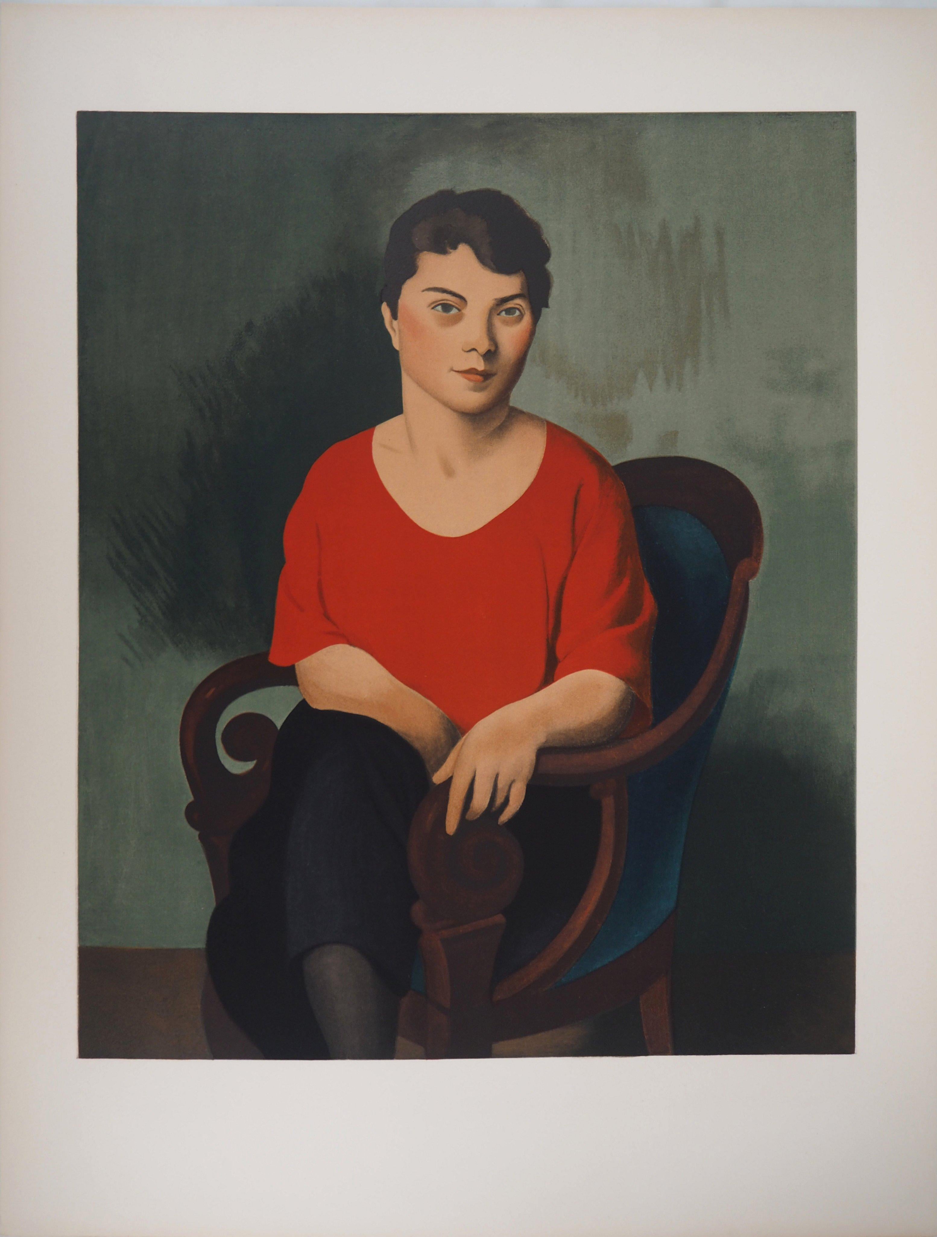 Femme avec un pull rouge - Lithographie, Mourlot - Print de Roger de la Fresnaye