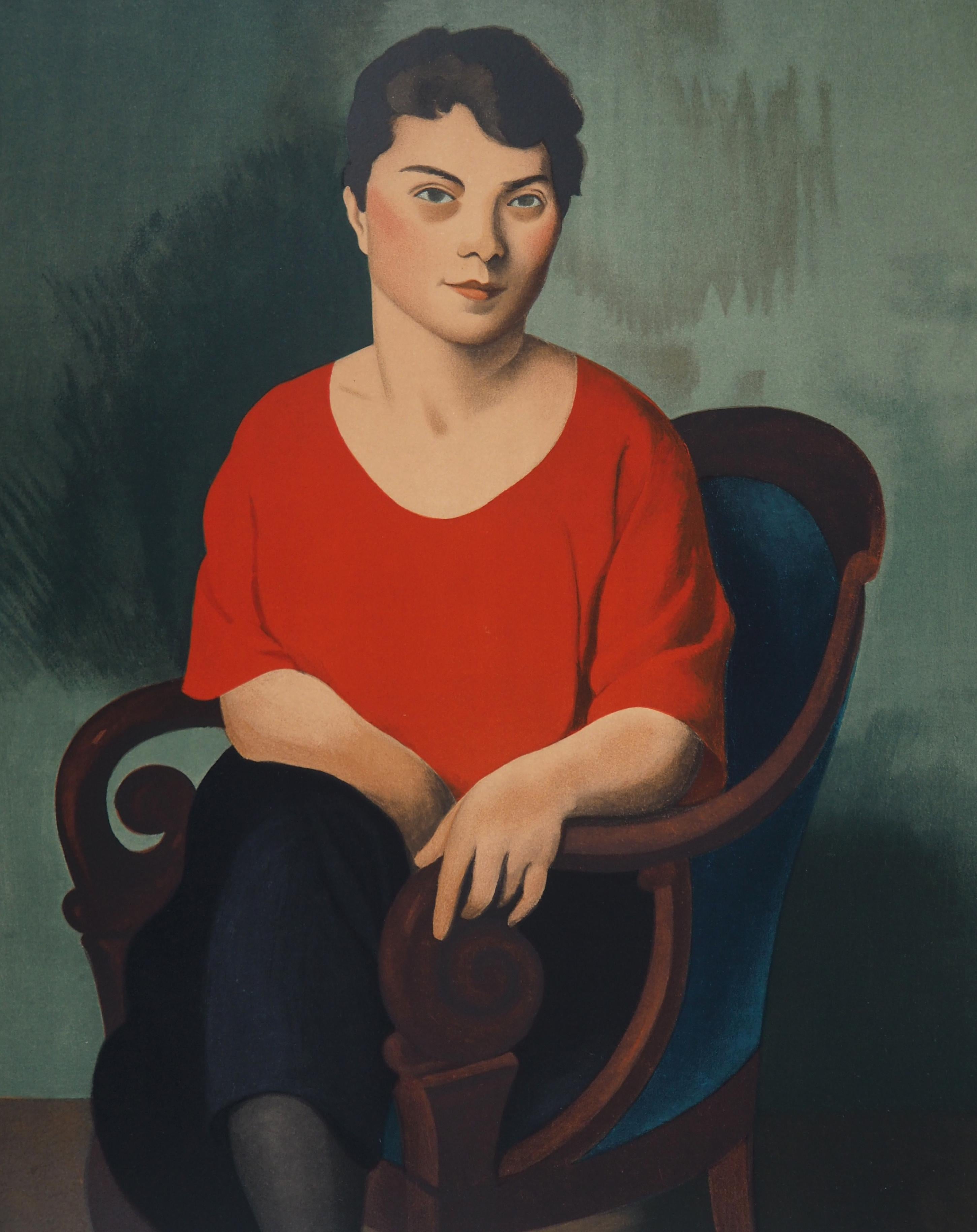 Femme avec un pull rouge - Lithographie, Mourlot - Moderne Print par Roger de la Fresnaye