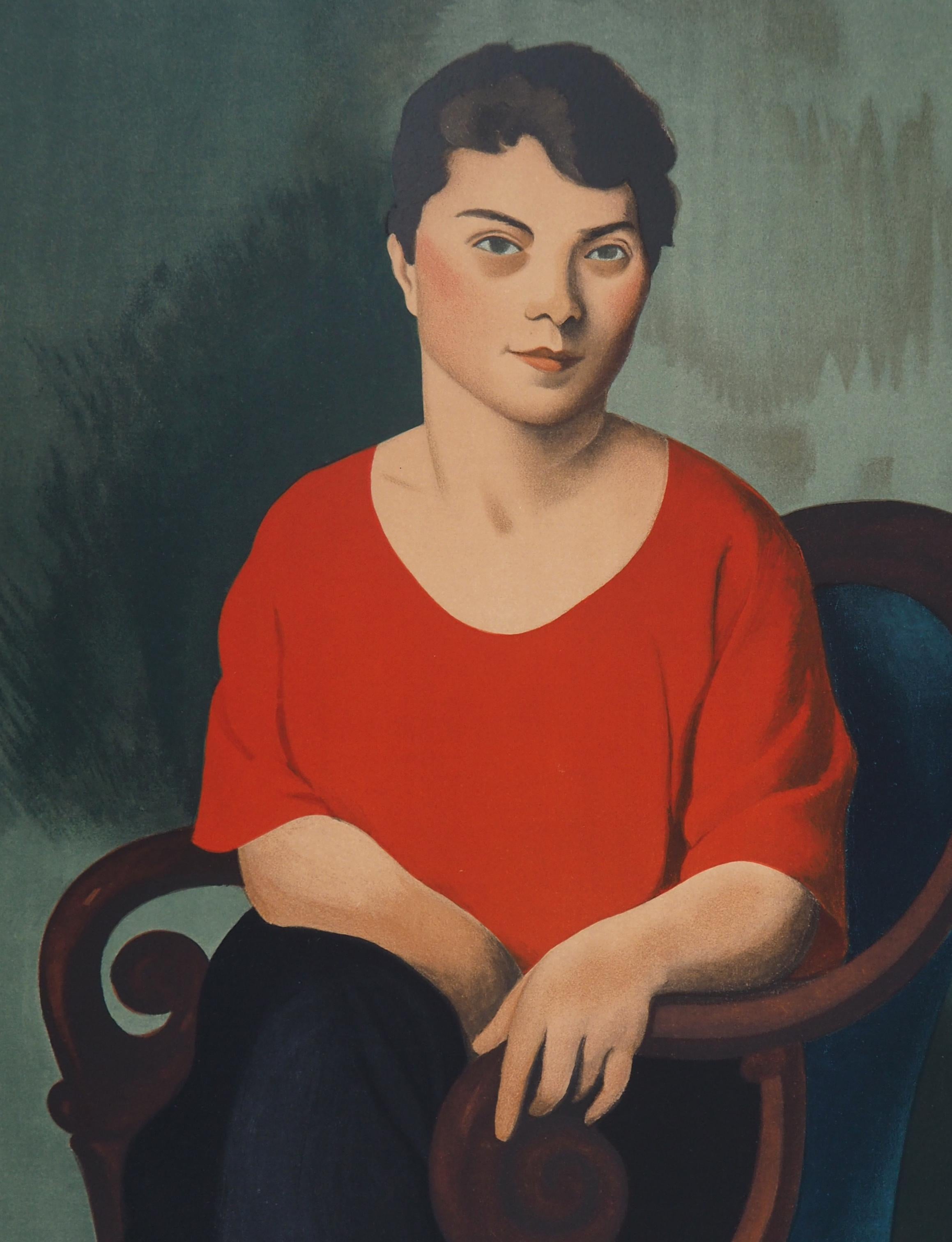 Femme avec un pull rouge - Lithographie, Mourlot - Noir Portrait Print par Roger de la Fresnaye