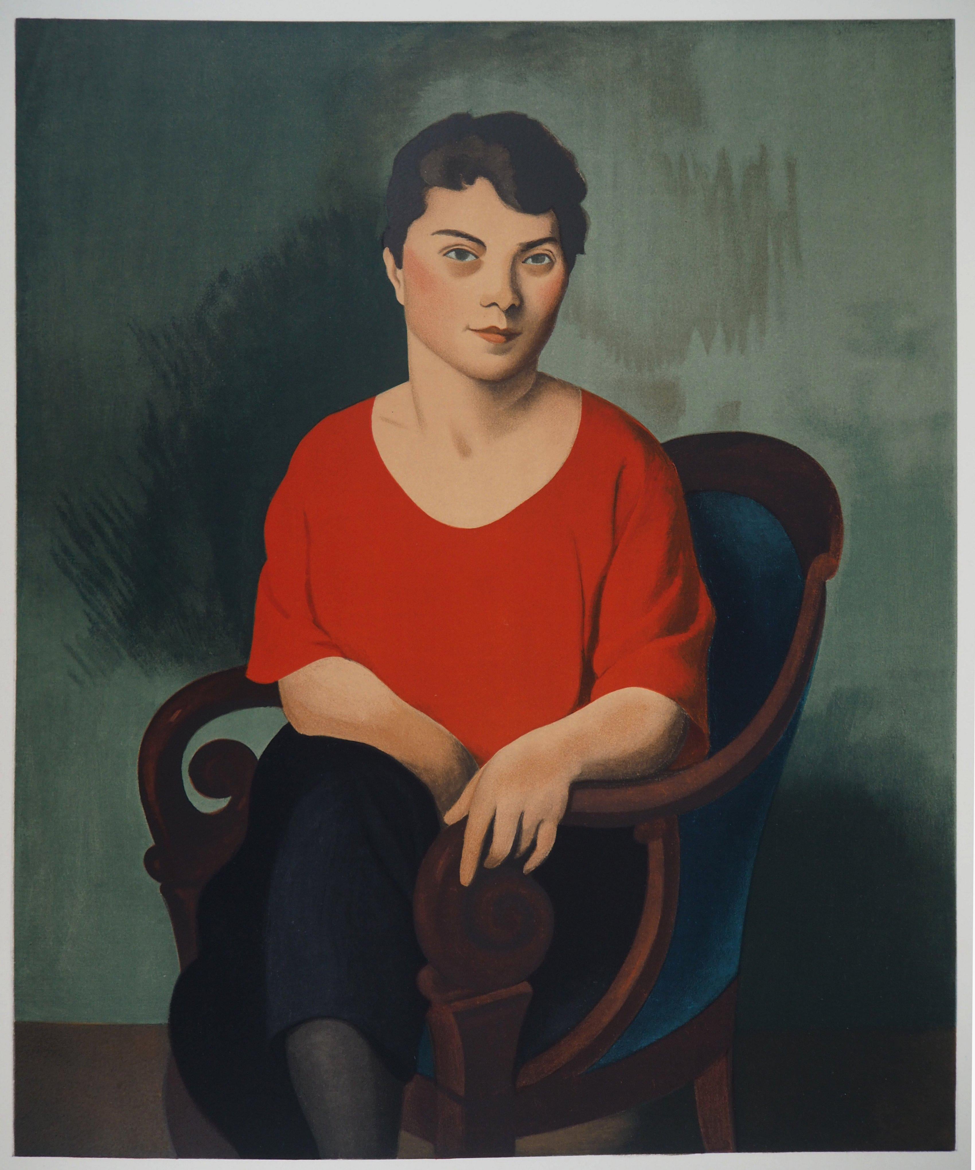 Portrait Print Roger de la Fresnaye - Femme avec un pull rouge - Lithographie, Mourlot