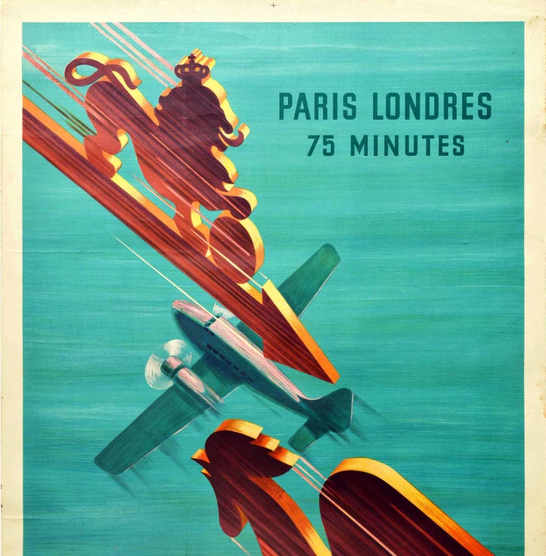 Original Vintage Poster Air France Paris London 75mins Lion Rooster Speed Travel - Print by Roger de Valerio