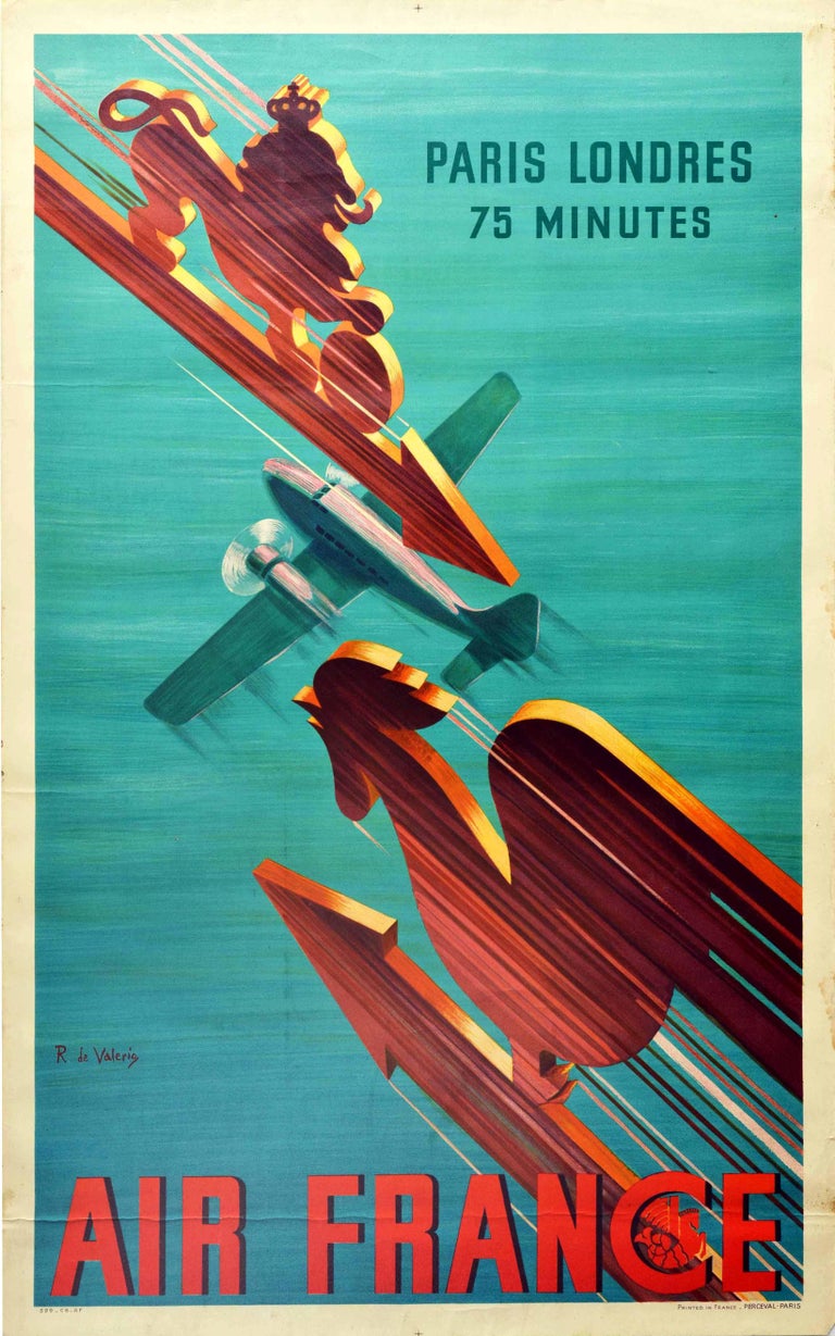 Roger de Valerio Print - Original Vintage Poster Air France Paris London 75mins Lion Rooster Speed Travel