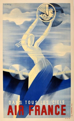Affiche de voyage vintage originale, Air France In All Skies, Art Deco, Valerio Airways