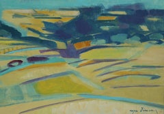 Abstracted Teal Landscape, Modern Oil Painting on Paper by Roger Derieux