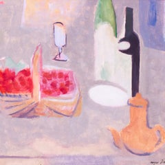 Post Impressionist Still life painting, bottles and fruit by Roger Derieux, 1965