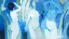 Three Nudes, Modern Nude Oil on Wood Painting by Roger Derieux