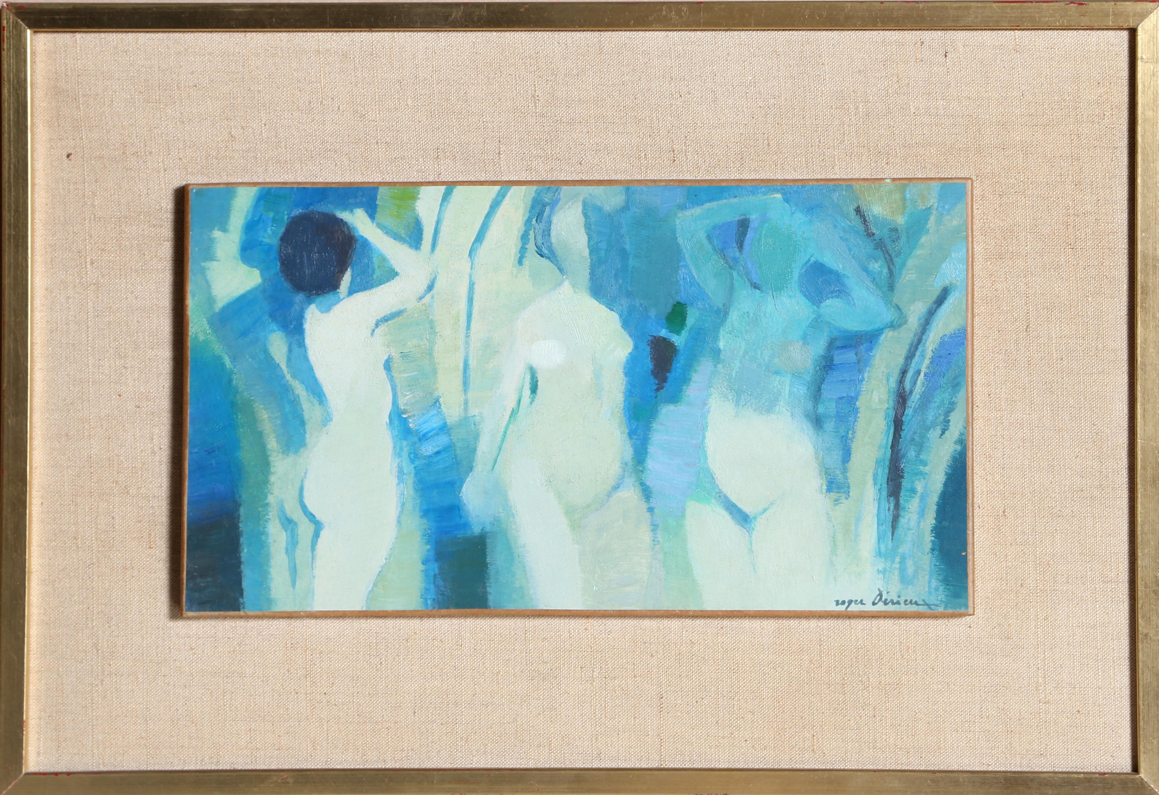 Une peinture moderne de nu par un artiste français,  Roger Derieux, français (1922).  
Trois nus
Date : vers 1960
Huile sur bois, signée à droite.
Taille : 6.5 x 11 in. (16,51 x 27,94 cm)
Taille du cadre : 12 x 16.5 pouces