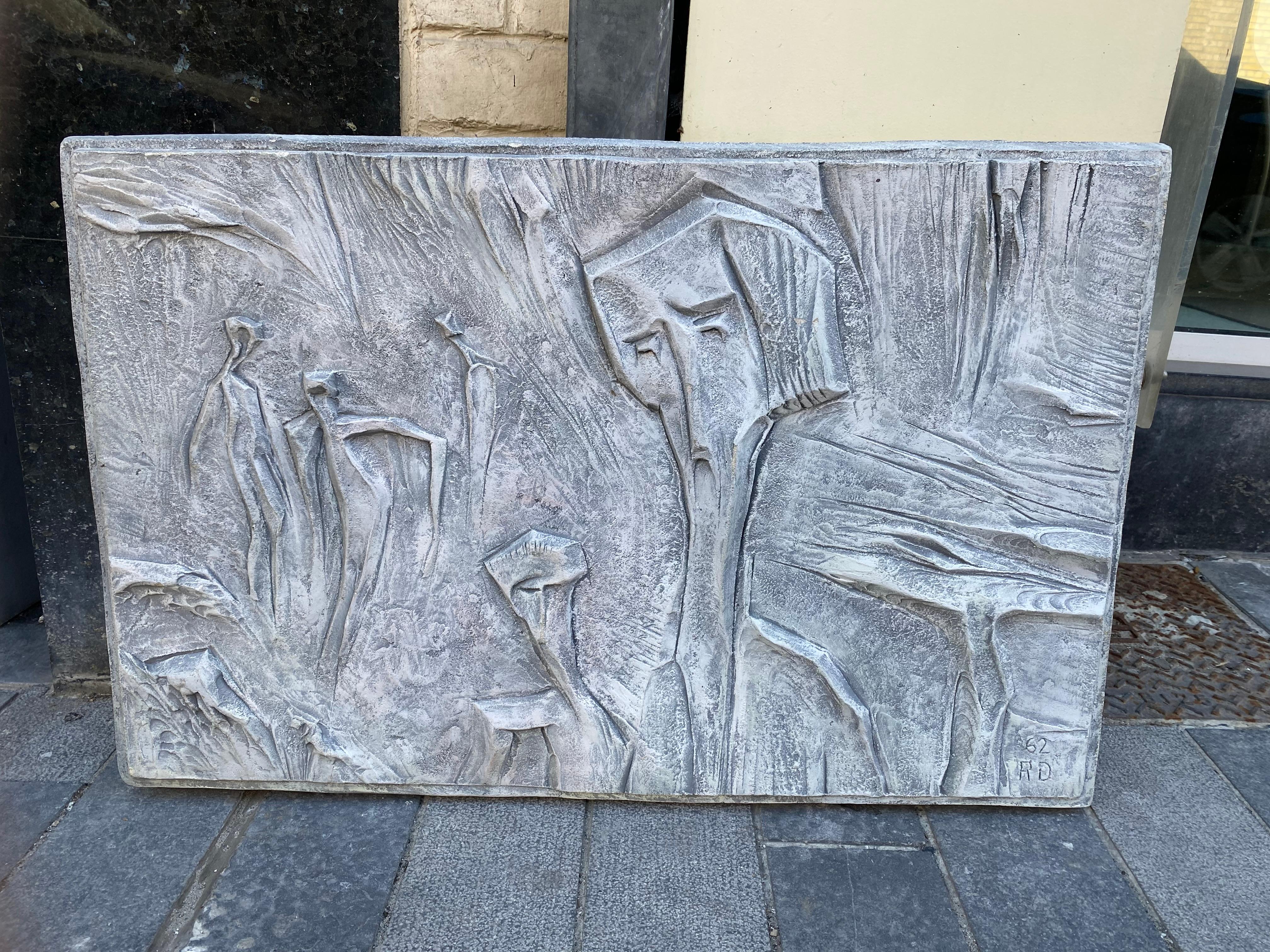 French Roger Desserprit '1923-1985' Characters, 1962 Bas-Relief in Cement For Sale