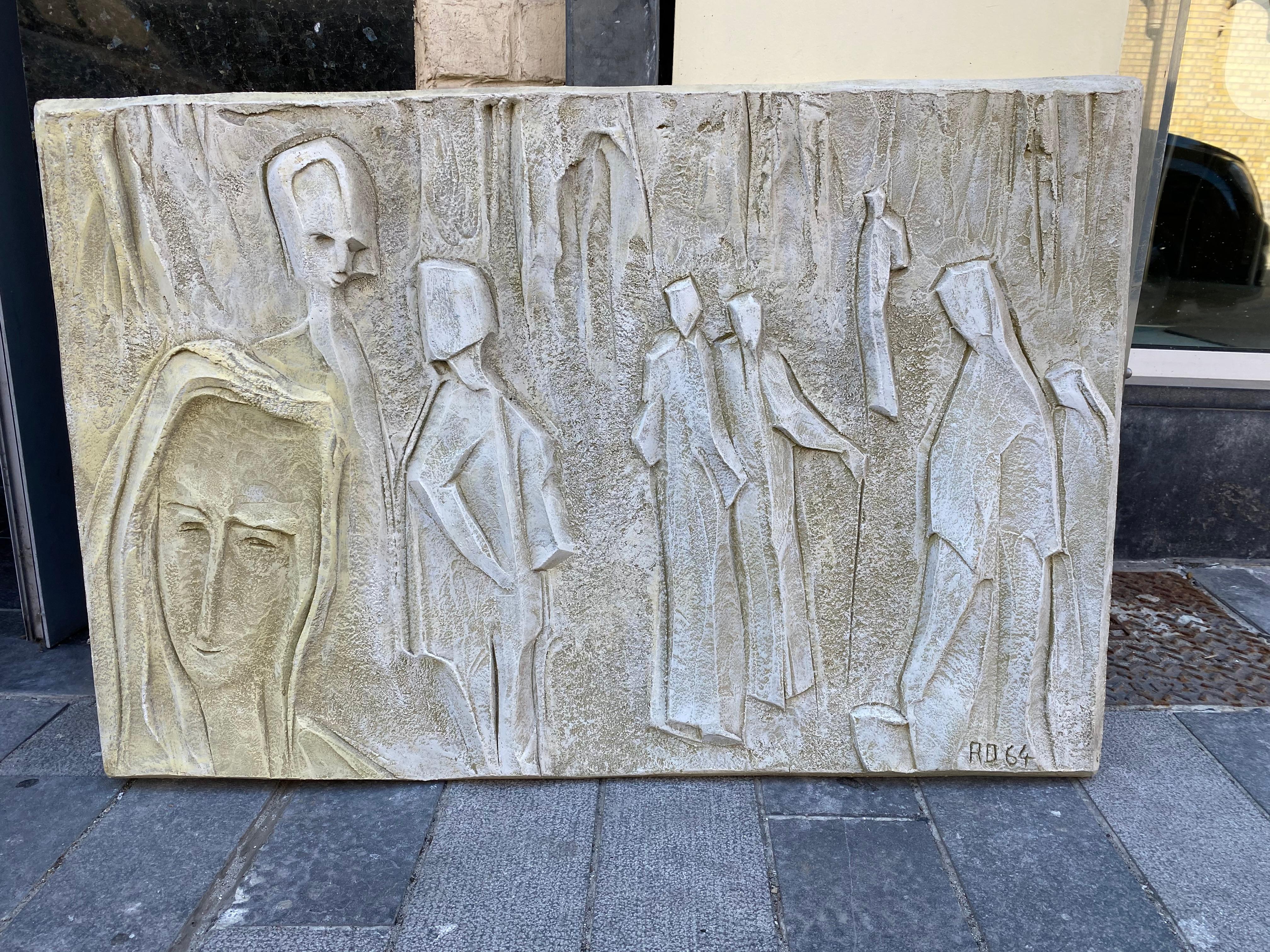 Mid-Century Modern Roger Desserprit '1923-1985' Characters, 1964 Bas-Relief in Cement For Sale