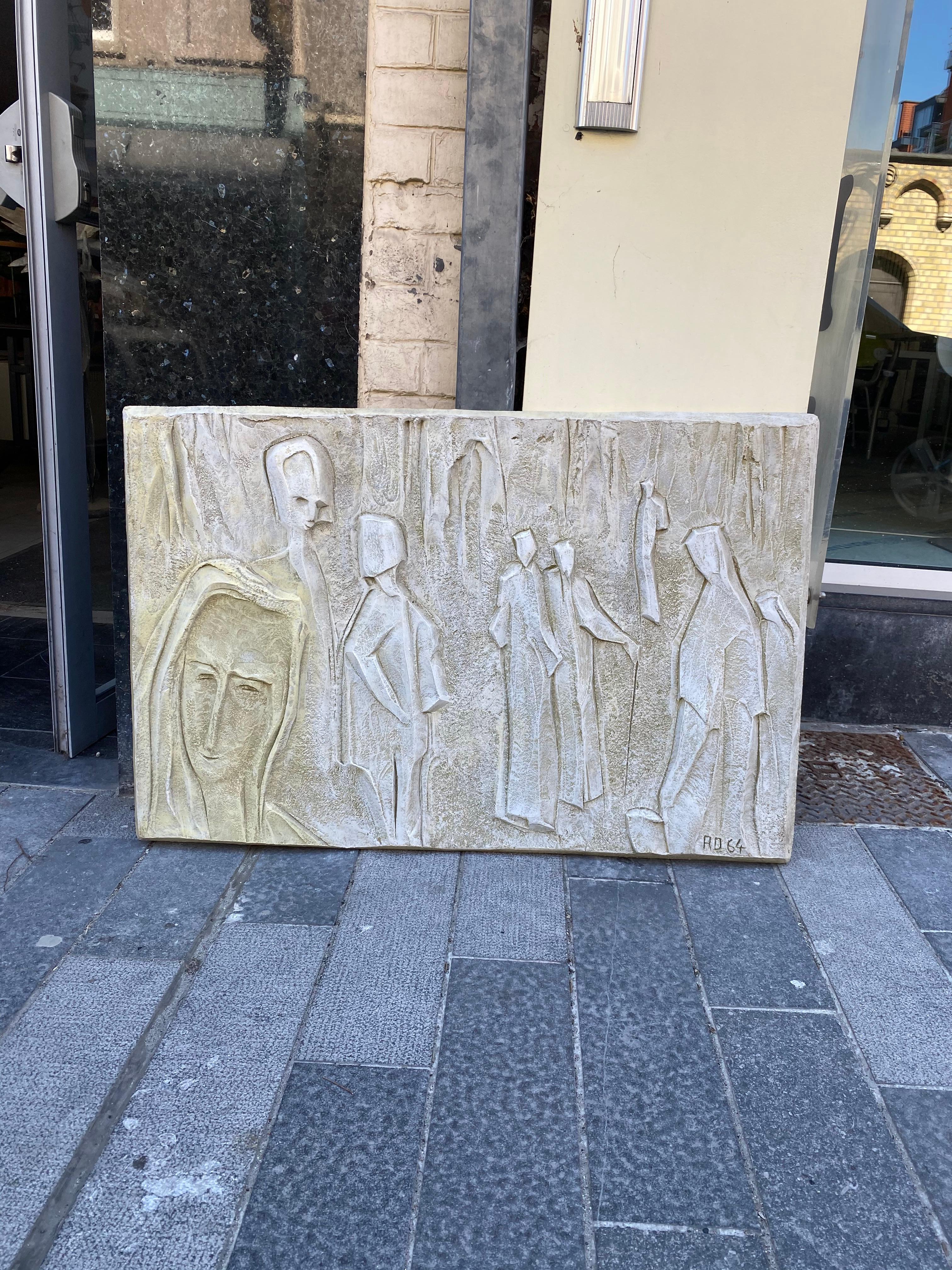 20th Century Roger Desserprit '1923-1985' Characters, 1964 Bas-Relief in Cement For Sale