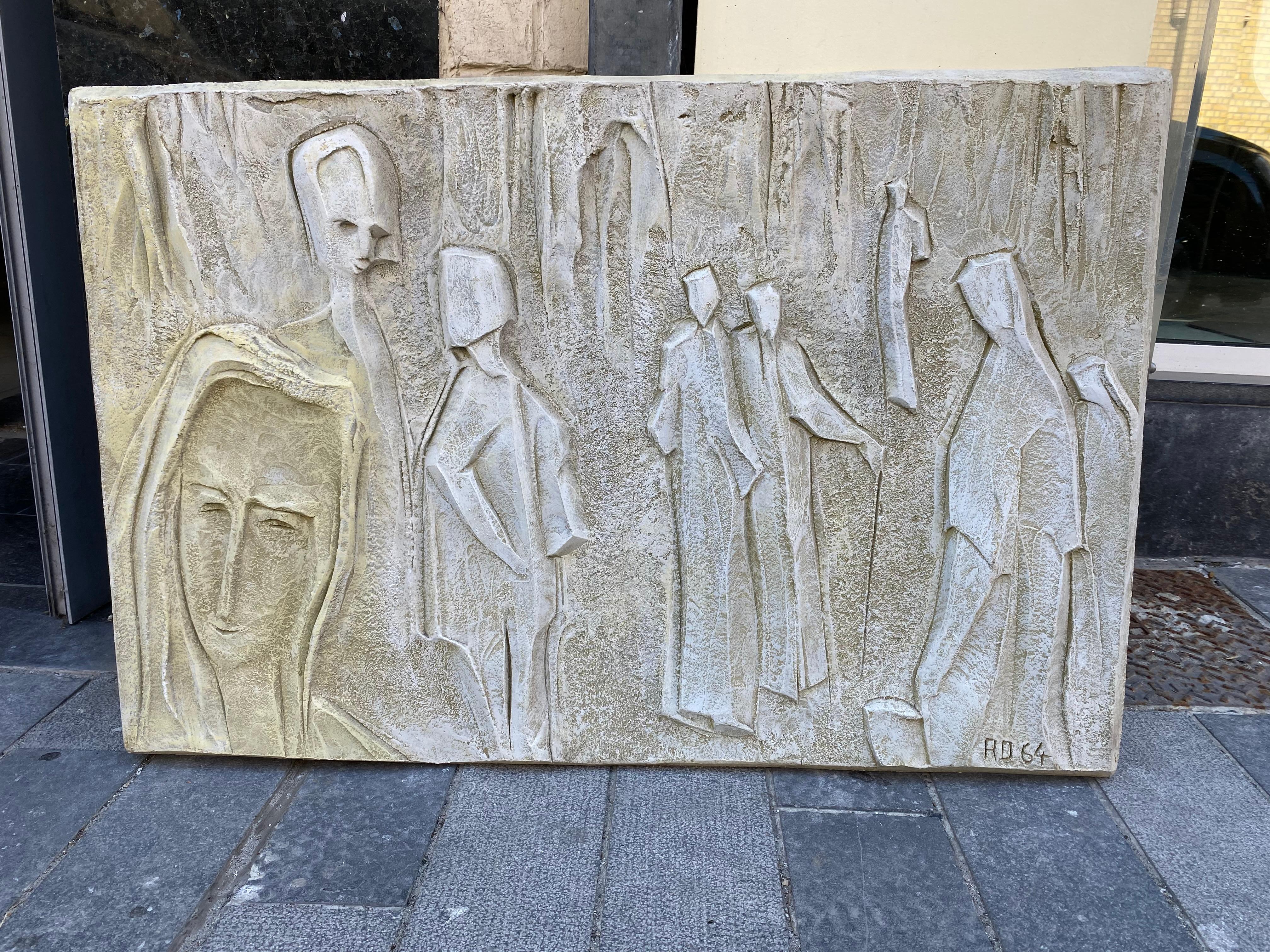 Roger Desserprit '1923-1985' Characters, 1964 Bas-Relief in Cement For Sale 3