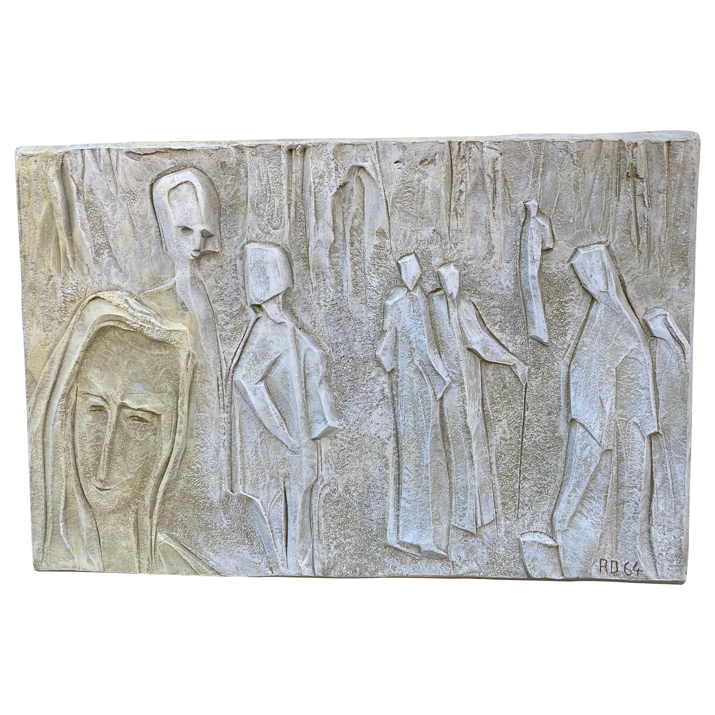 Roger Desserprit '1923-1985' Characters, 1964 Bas-Relief in Cement