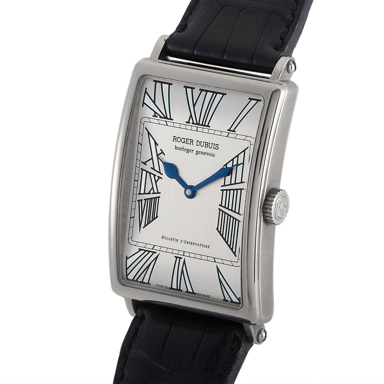 The Roger Dubuis Bulletin D'Observatoire Watch, reference number 37681, exudes a sense of Art Deco elegance.

This luxury watch features a 34mm rectangular case made from 18K White Gold. The white dial is accented by blue hands and bold Roman