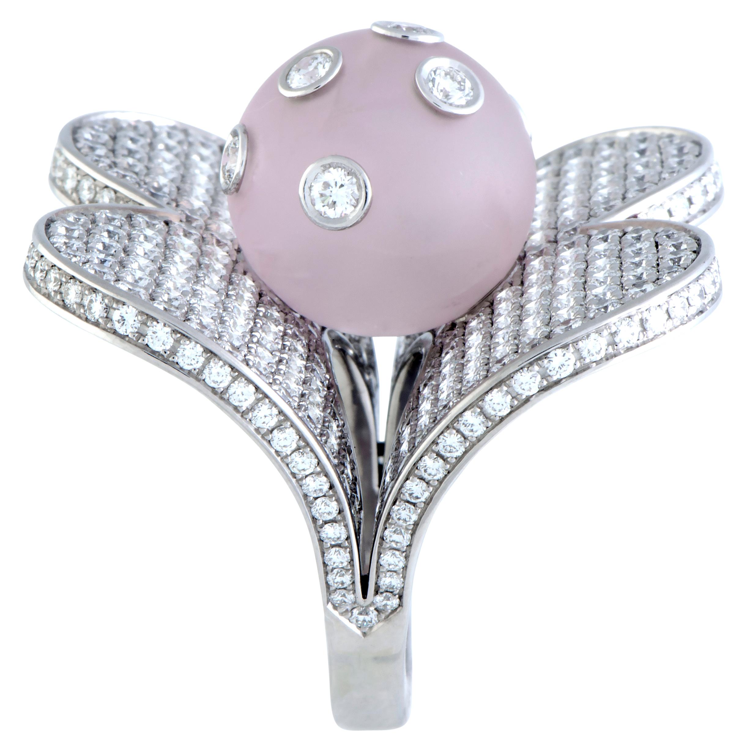 Roger Dubuis Diamond Pave and Pink Crystal Ball Large White Gold Heart Ring In Excellent Condition In Southampton, PA