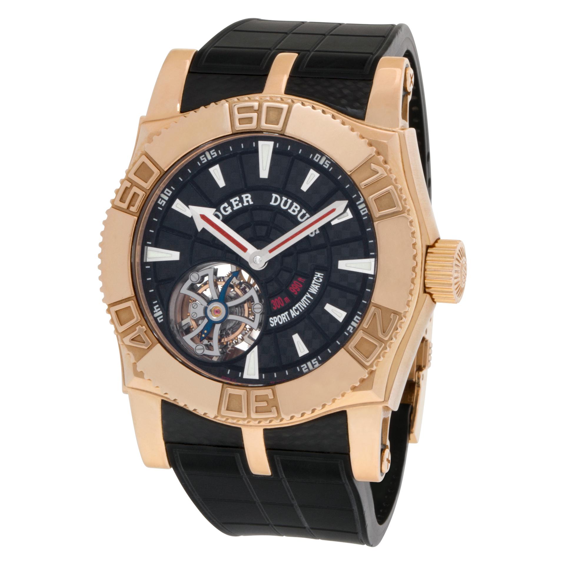 Limited Edition Roger Dubuis Easy Diver Tourbillon in 18k rose gold on a rubber strap with 18k rose gold deployant buckle. Manual wind movement under glass w/ tourbillon. Complete with original box. 47 mm case size. Ref SE48 02 5 K9.53. Circa 2010s.