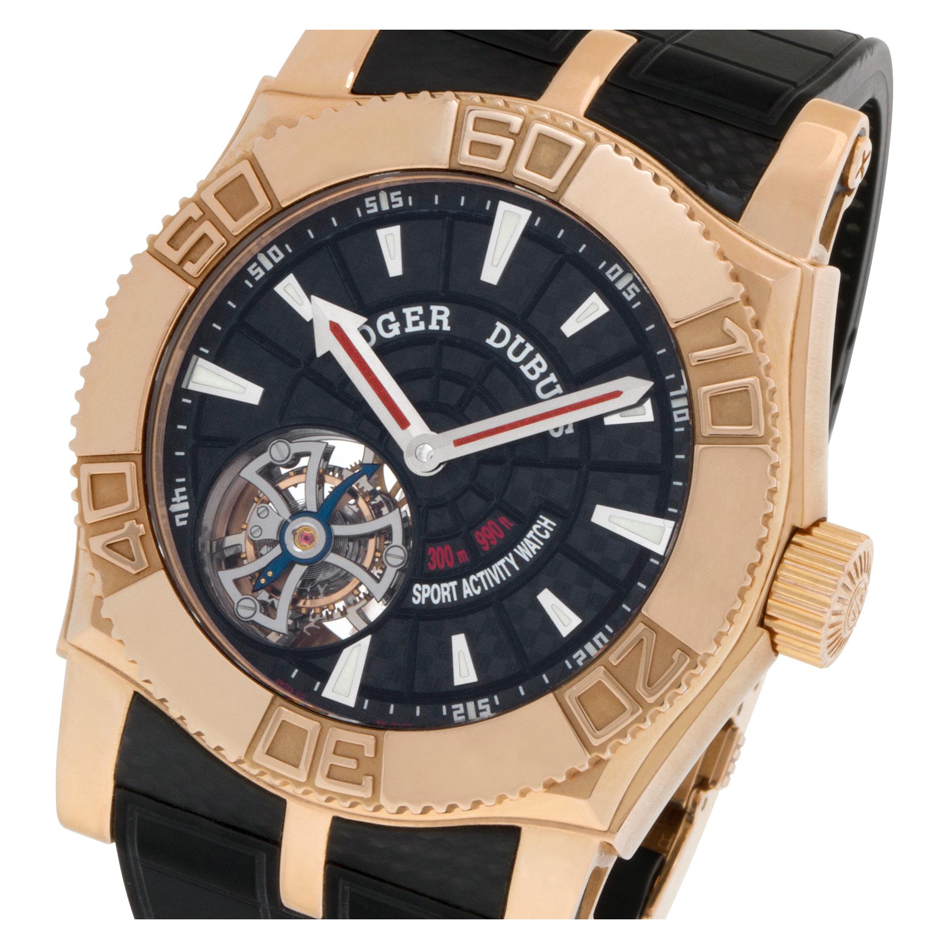 ESTIMATED RETAIL: $120,000 YOUR PRICE: $52,000 - Limited Edition Roger Dubuis Easy Diver Tourbillon in 18k rose gold on a rubber strap with 18k rose gold deployant buckle. Manual wind movement under glass w/ tourbillon. Complete with original box.