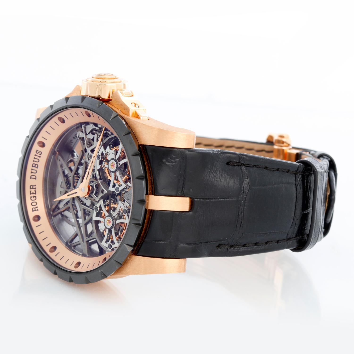 Roger Dubuis Excalibur Double Skeleton Tourbillon 18K Rose Gold  - Double tourbillon. 18K Rose gold ( 48 mm ) . Skeleton dial . Black leather strap with Roger Dubuis 18K Rose Gold Deployant strap. Limited edition 27 of 188. Complete set with open
