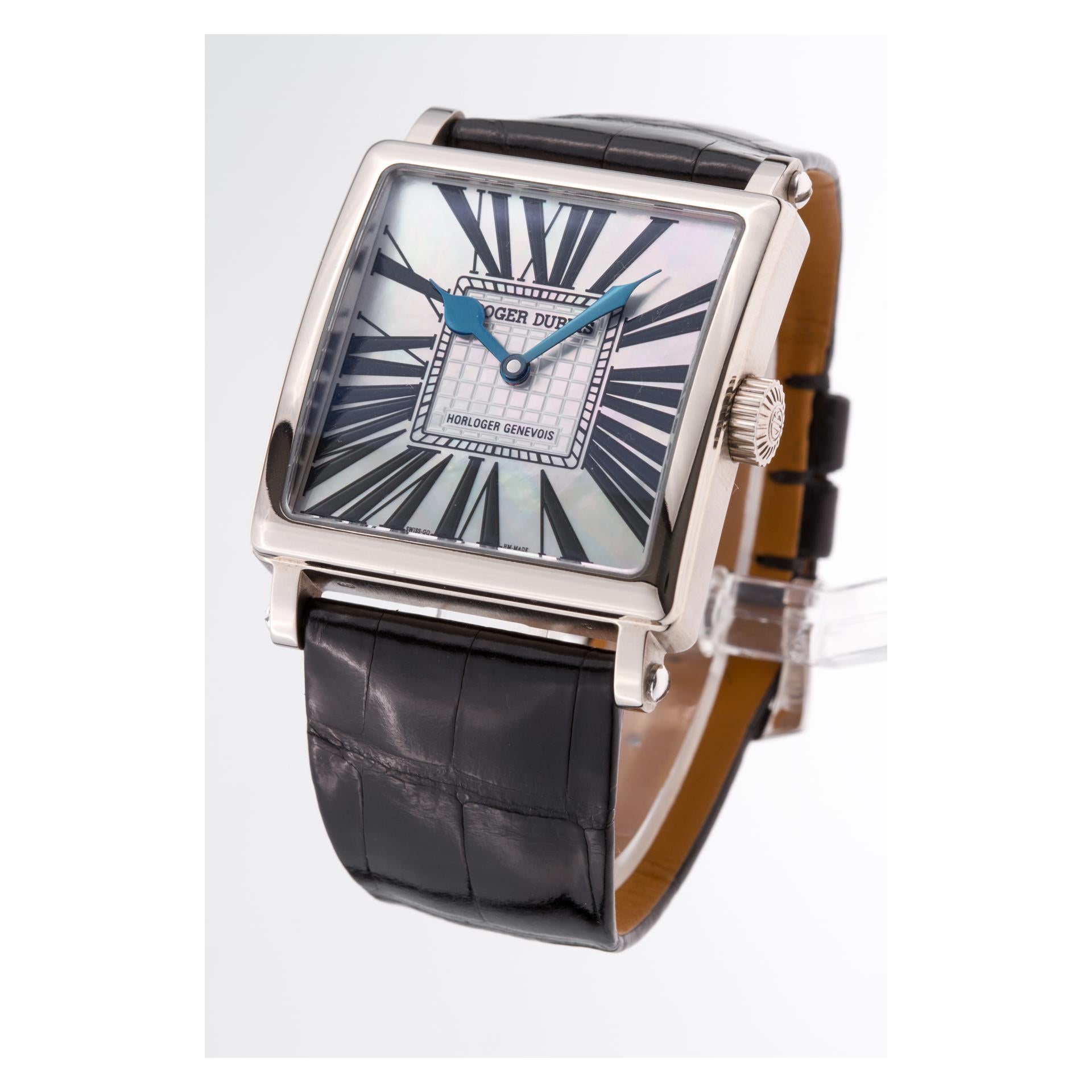 Roger Dubuis Golden Square in 18k white gold with mother of pearl dial on an original Roger Dubuis black alligator strap with original 18k white gold tang buckle. 37mm case size. Auto. With box and papers. Ref DBGS0322. Circa 2000s. Fine Pre-owned