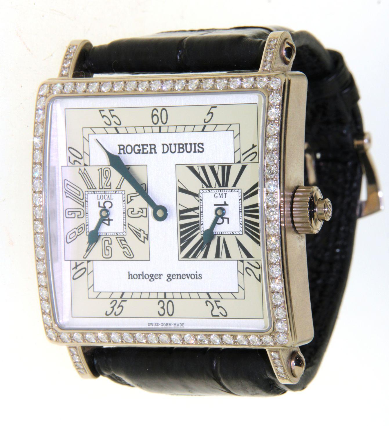 Round Cut 18kt Gold Roger Dubuis White Gold Square Limited Edition 28 Only GMT Jump Hour  For Sale