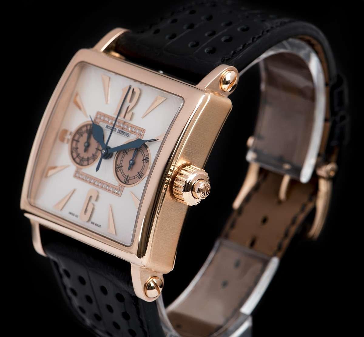 An 18k Rose Gold Limited Edition Golden Square Gents 34mm Wristwatch, mother of pearl dial set with approximately 28 round brilliant cut diamonds, applied hour markers and applied arabic numbers 3, 6, 9 and 12, 30 minute recorder at 3 0'clock, small