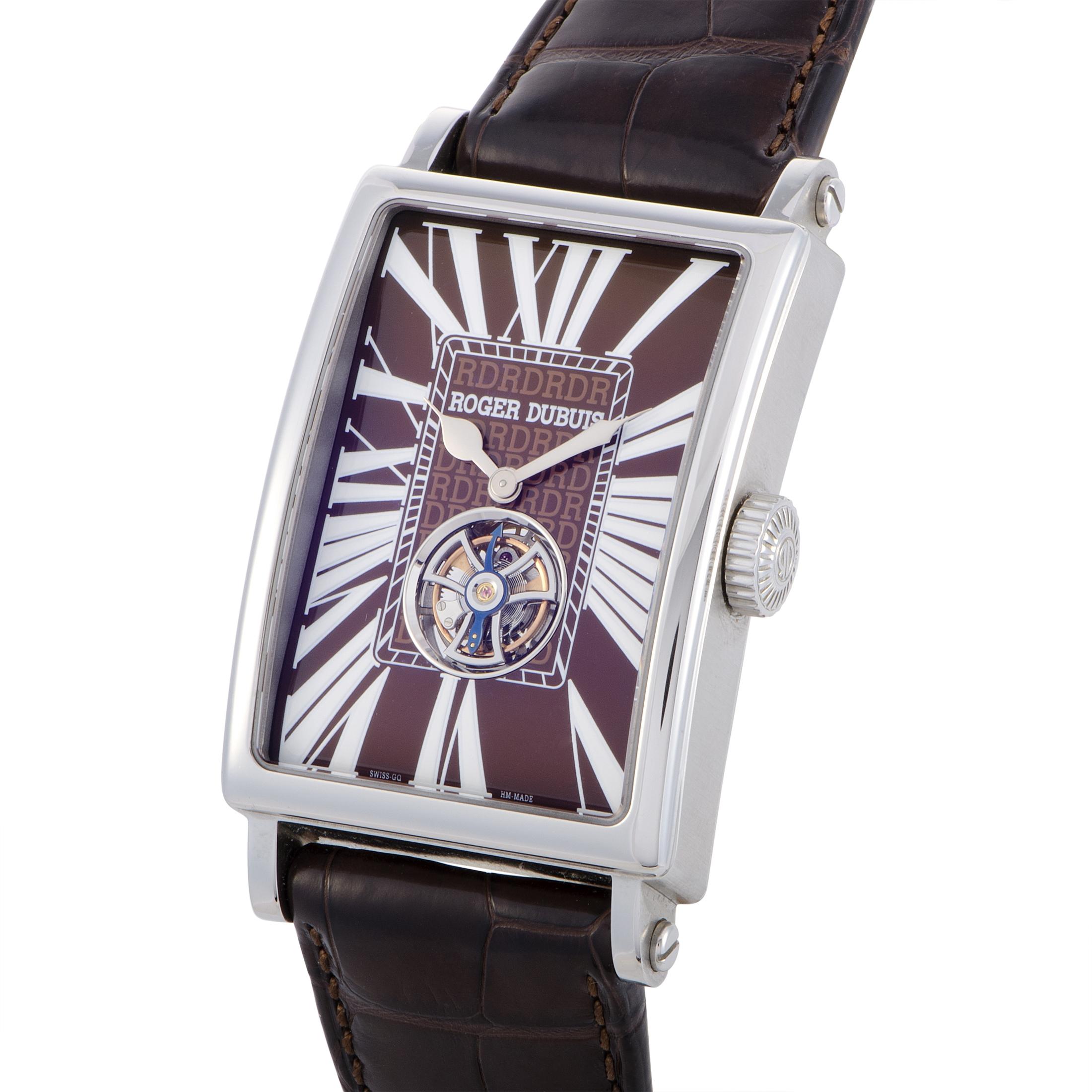 The Roger Dubuis Much More Tourbillon watch, reference number M34 09 9 09, is presented in an edition limited to only 88 pieces.

This model boasts a case made of stainless steel that features see-through back. The case is mounted onto a brown