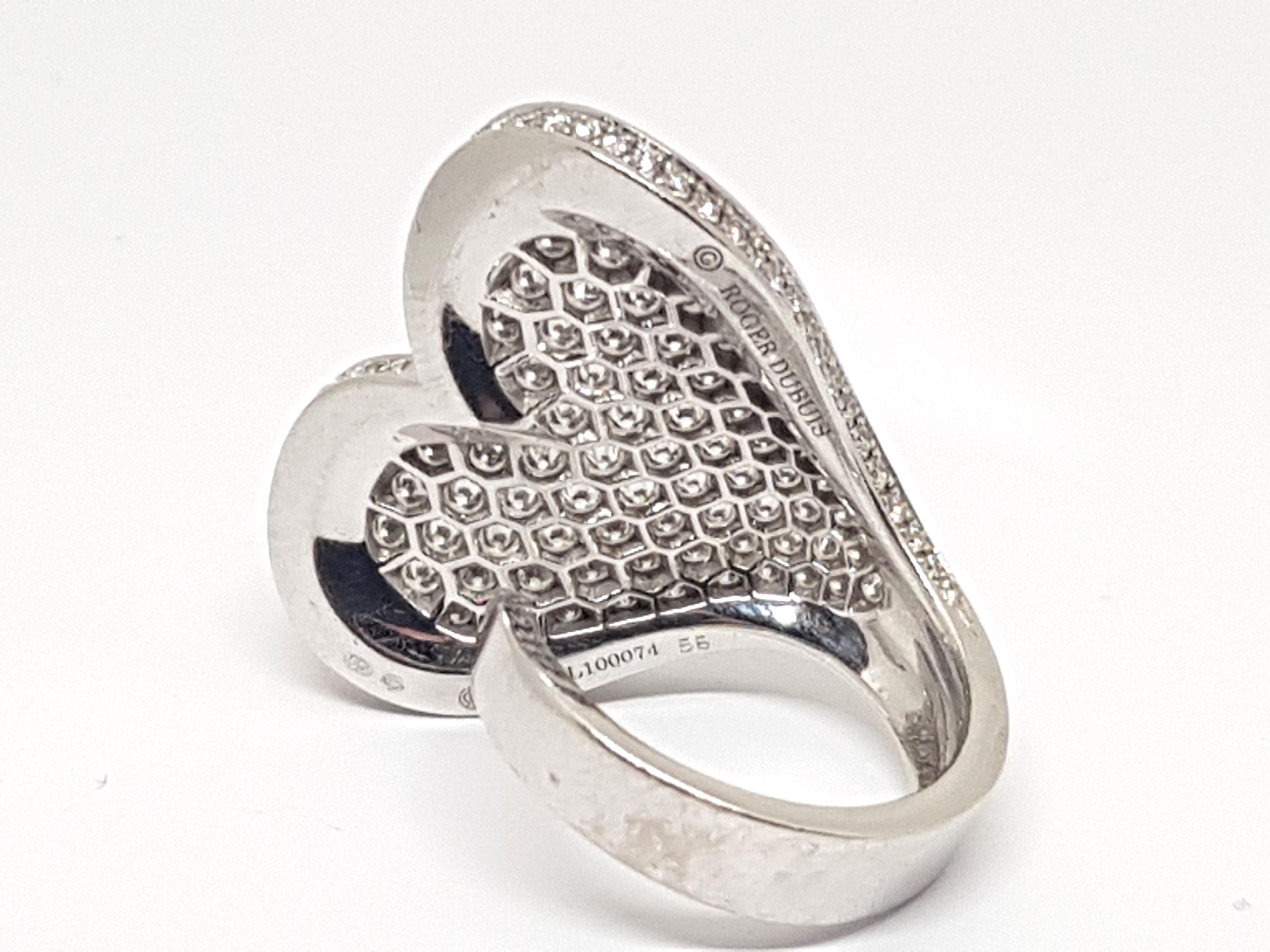 Contemporary Roger Dubuis Signed 18 Karat White Gold Pave Diamond Curved Heart Cocktail Ring  For Sale