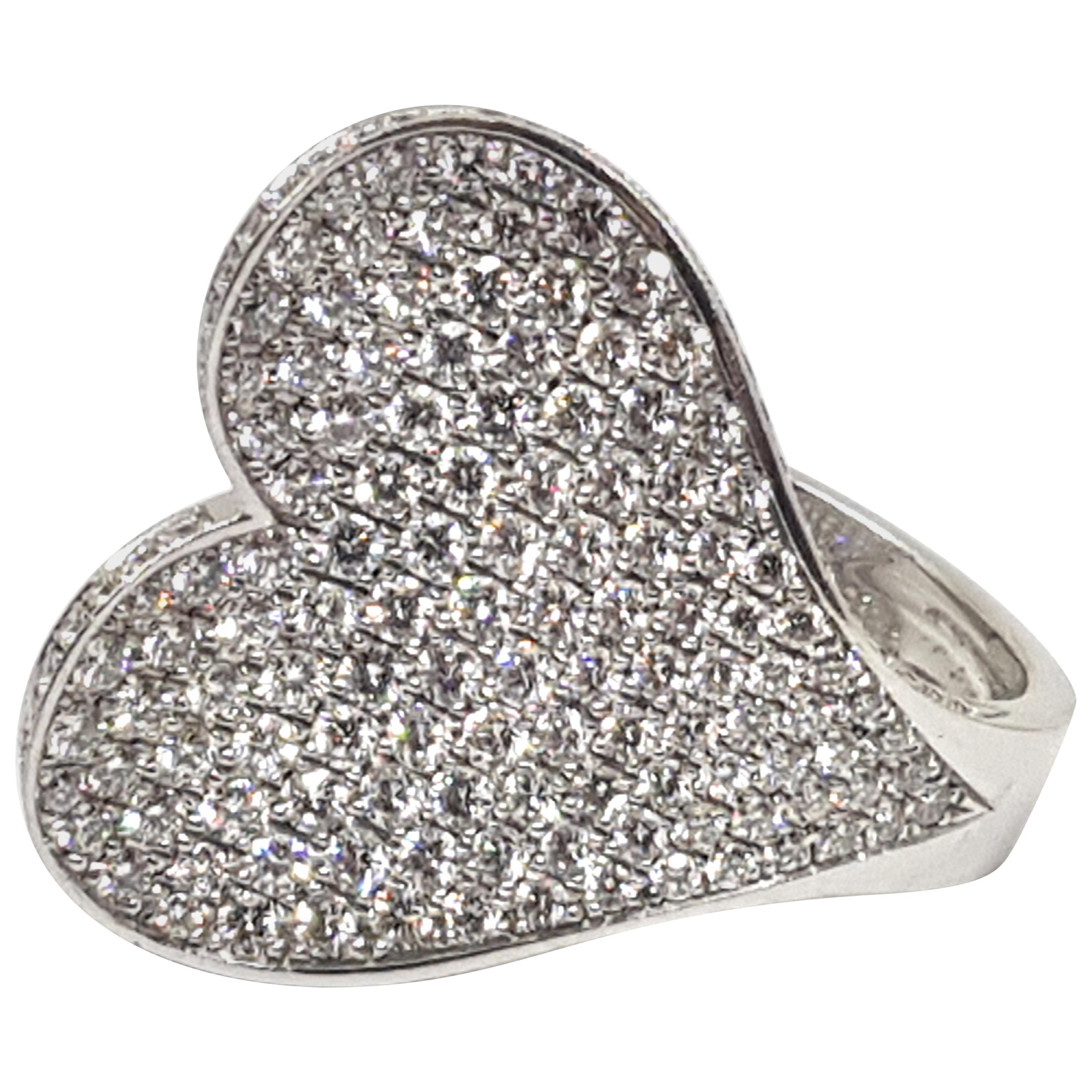 Roger Dubuis Signed 18 Karat White Gold Pave Diamond Curved Heart Cocktail Ring  For Sale