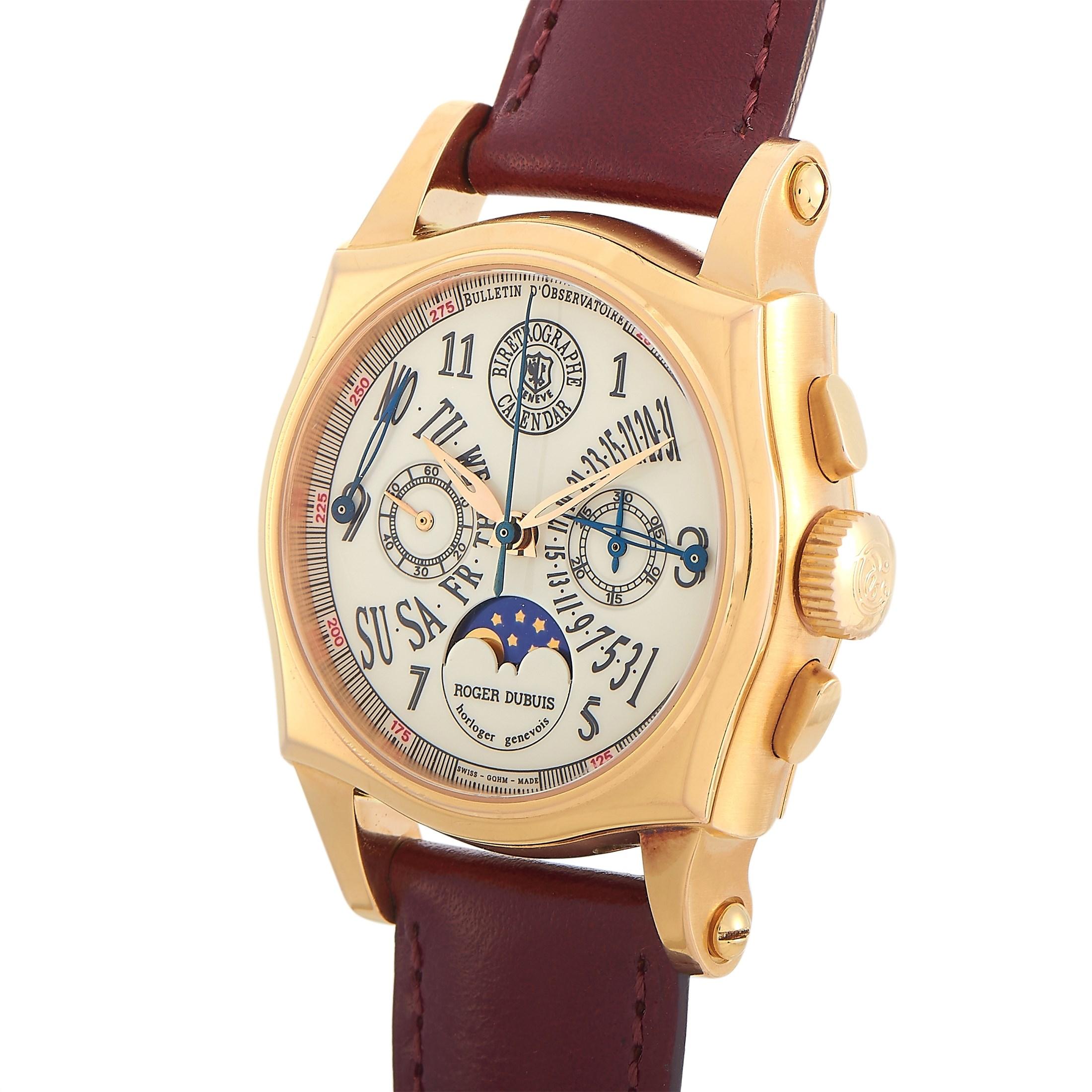 Here is your chance to update your watch collection with an ultra-rare timepiece from the master of complications. This Roger Dubuis Sympathie Bi-Retrograde Chronograph Moonphase Watch S37563555.6 is fashioned in 18K rose gold and features a
