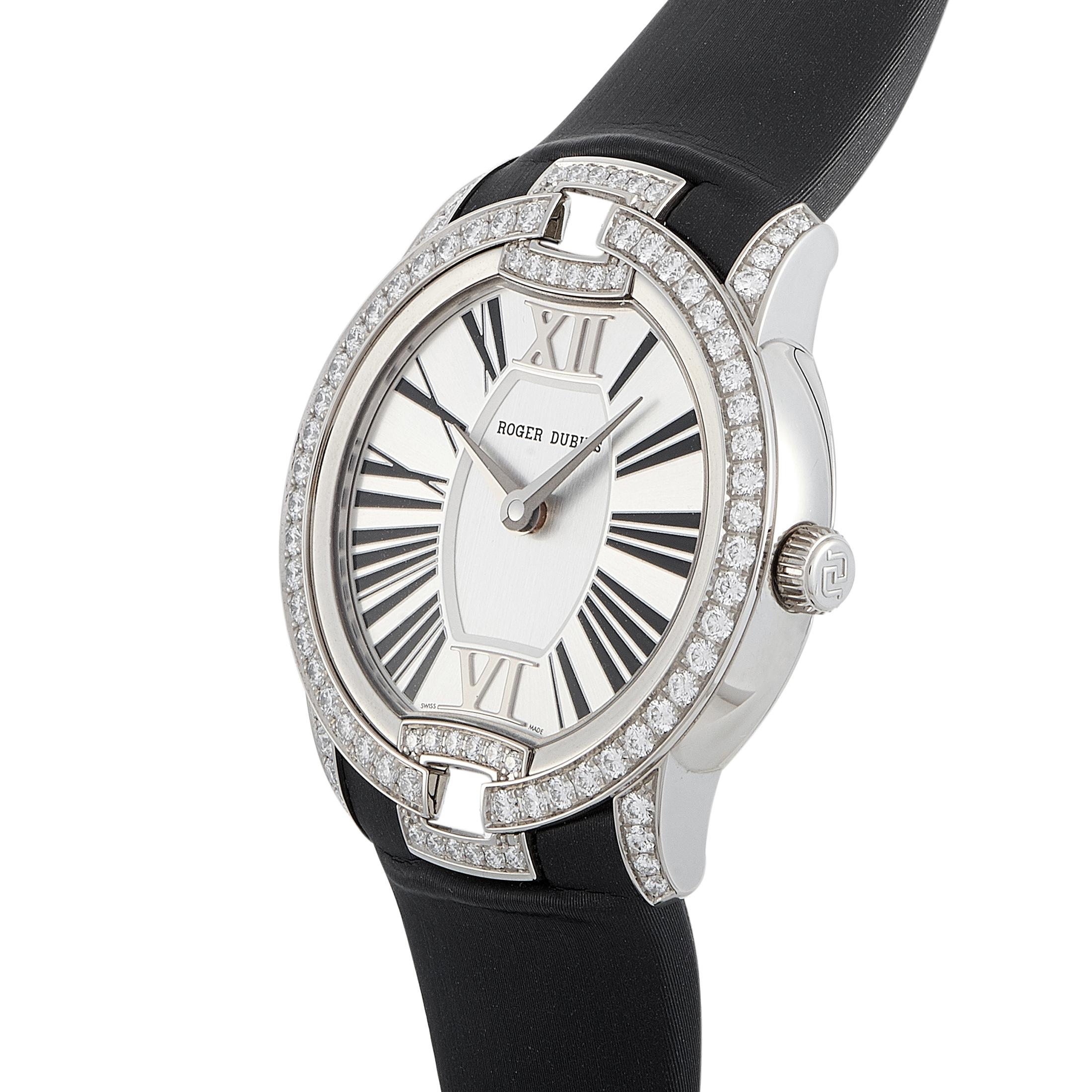 The Roger Dubuis Velvet watch, reference number RDDBVE0007, is a member of the sublime “Velvet” collection.

This model is presented with a 36 mm 18K white gold case that boasts see-through back. The bezel and the lugs are set with 100 diamonds that