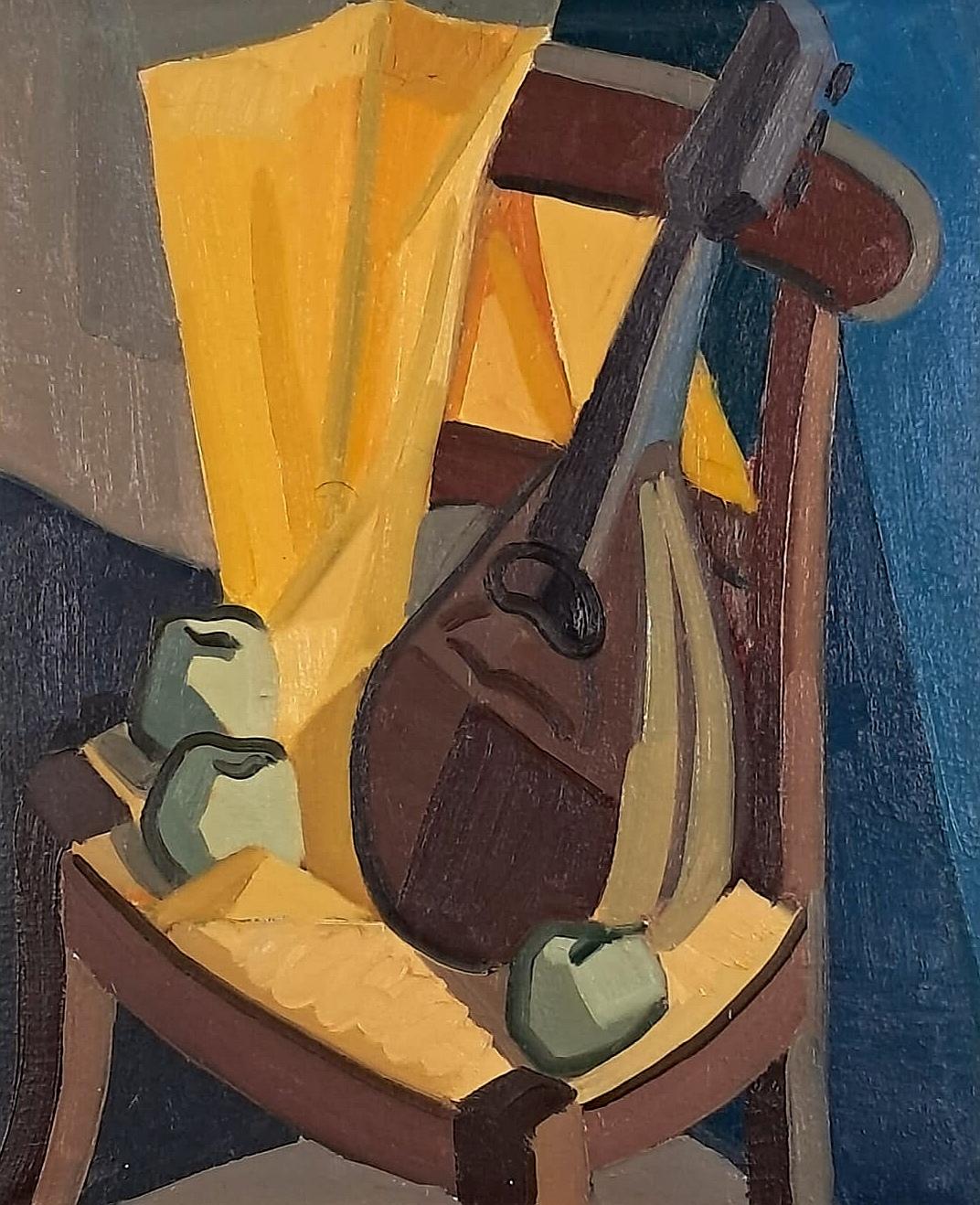 Still Life - Large Post Impressionist Belgian Guitar Interior Oil Painting - Black Still-Life Painting by Roger Duterme