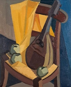 Stillleben – Großes postimpressionistisches belgisches Gitarren-Interieur-Ölgemälde, Stillleben