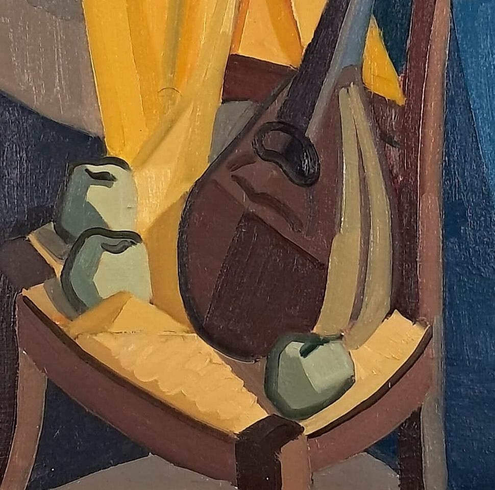 Still Life - Large Post Impressionist Belgian Guitar Interior Oil Painting For Sale 1