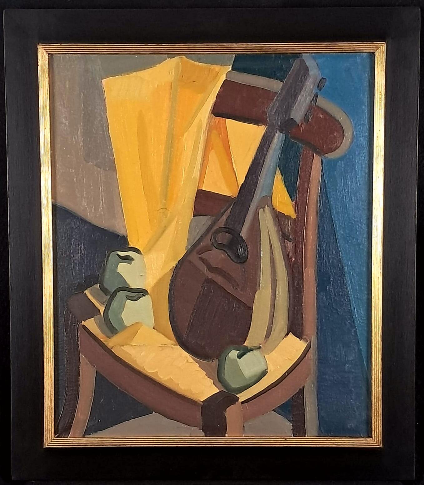 Roger Duterme Still-Life Painting - Still Life - Large Post Impressionist Belgian Guitar Interior Oil Painting