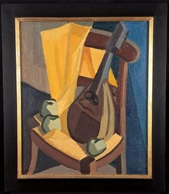 Nature morte - Grande peinture d'intérieur post-impressionniste à la guitare belge