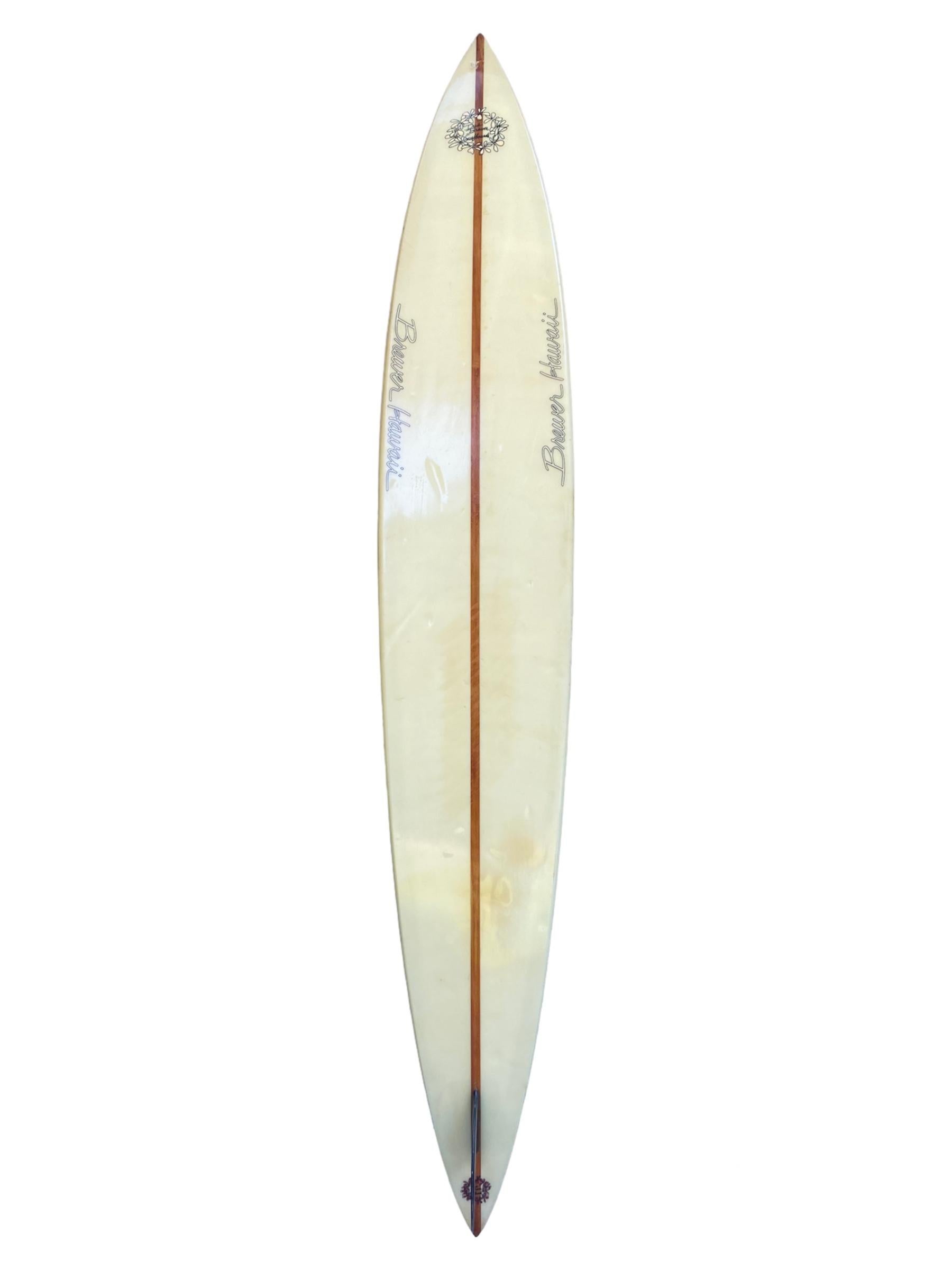 1980s Vintage Dick Brewer Surfboards Team Rider surfboard. Roger Erickson’s personal surfboard. Shaped by Owl Chapman in the late 80s-early 90s. Features Waimea Bay big wave 11’9” pintail shape with signature dual black stripes Erickson’s boards