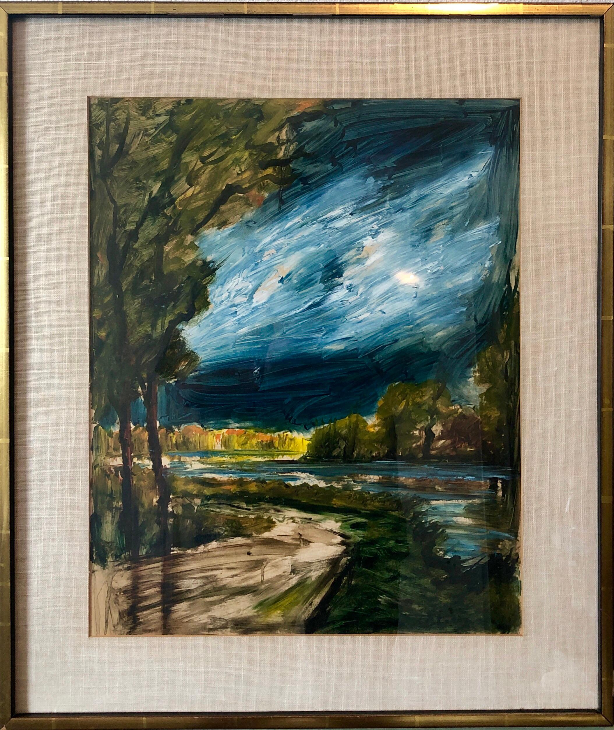 Beautiful gouache on paper, Moody atmospheric landscape in shades of black, blue green and gold by French artist, Roger Etienne Everaert Ret, signed on top right.
Roger Etienne, French/American (1922 - )

Roger Etienne
The painter Roger Etienne was