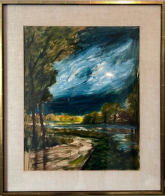 Mid Century Modernist French Painting Landscape With Forest, River, Path