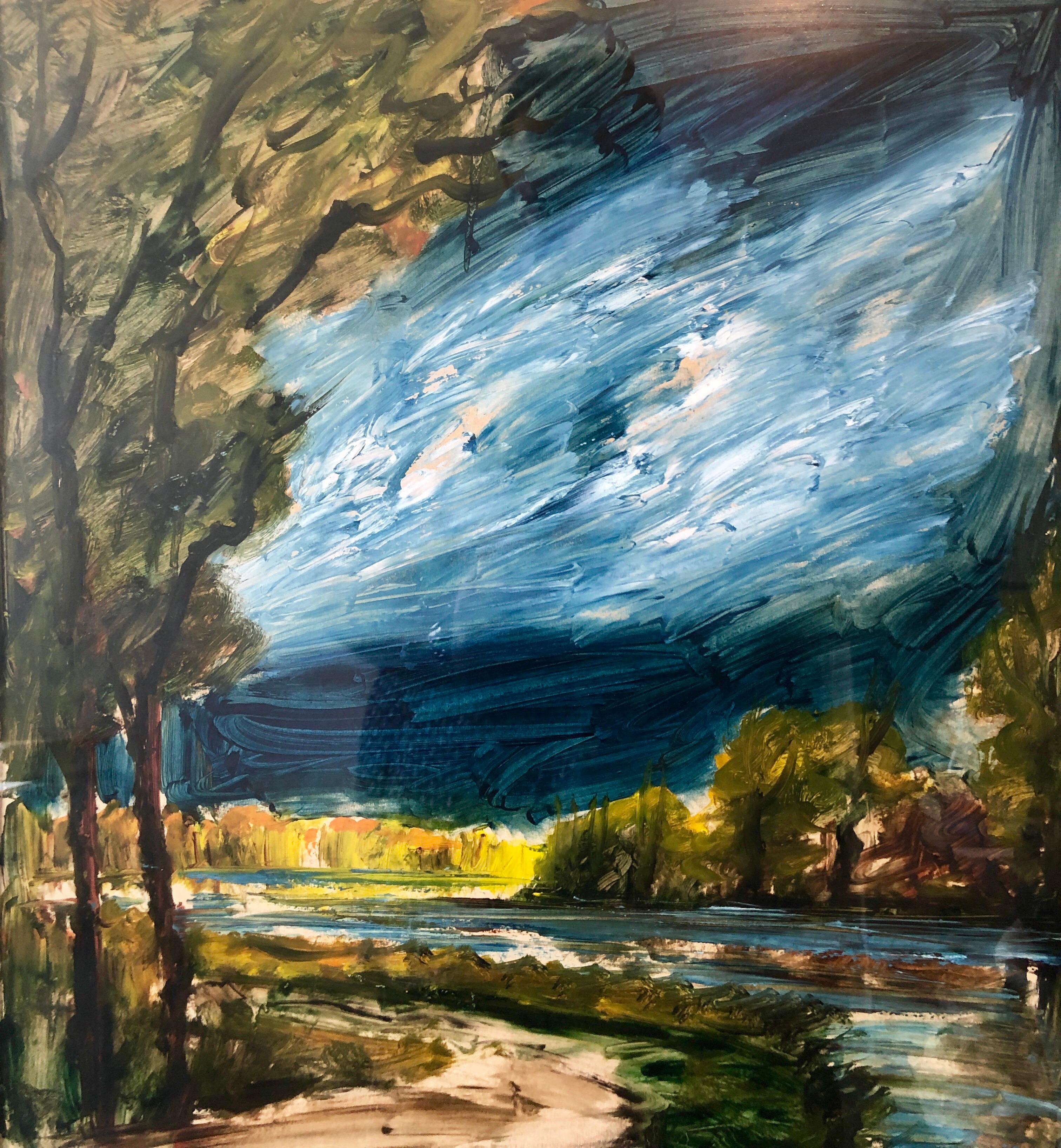 Französische Mid-Century-Modern-Gemälde-Landschaft mit Wald, Fluss, Weg, Weg (Moderne), Painting, von Roger Etienne