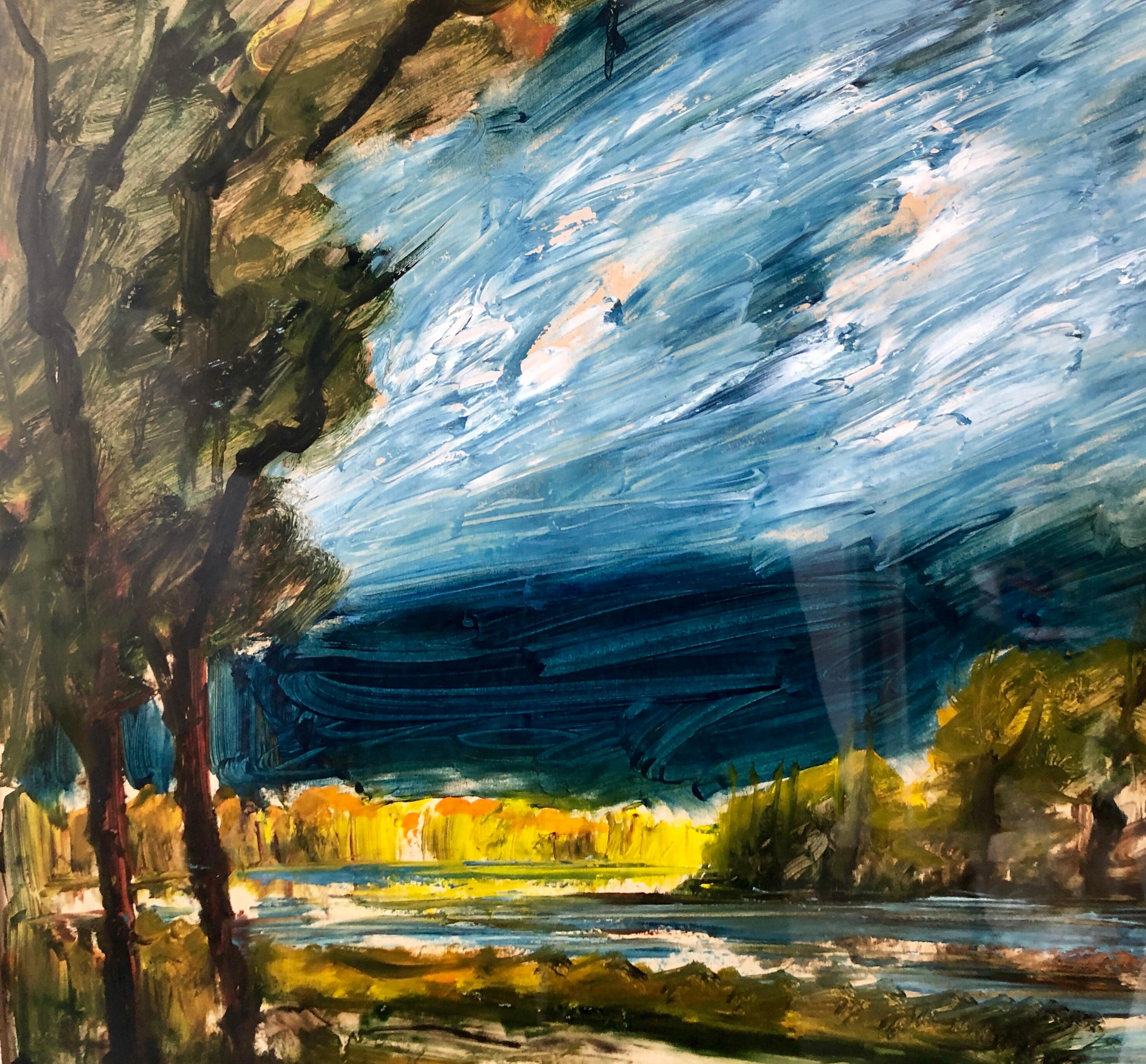 Mid Century Modernist French Painting Landscape With Forest, River, Path For Sale 2