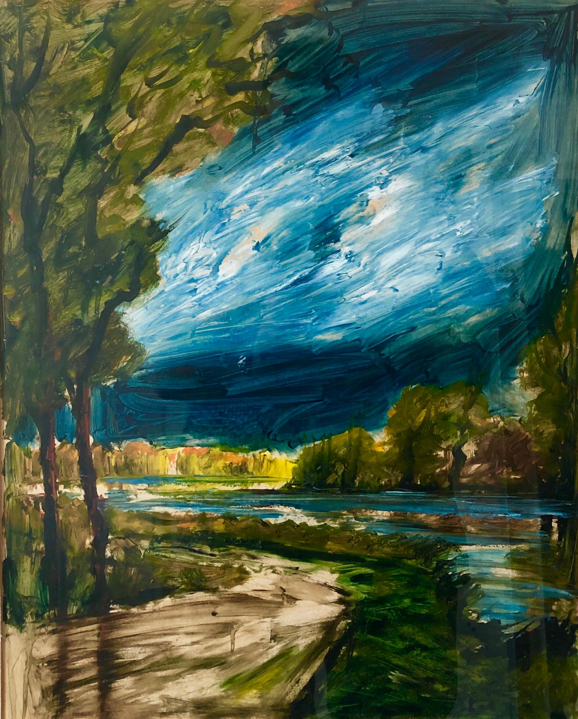 Roger Etienne Landscape Painting – Französische Mid-Century-Modern-Gemälde-Landschaft mit Wald, Fluss, Weg, Weg