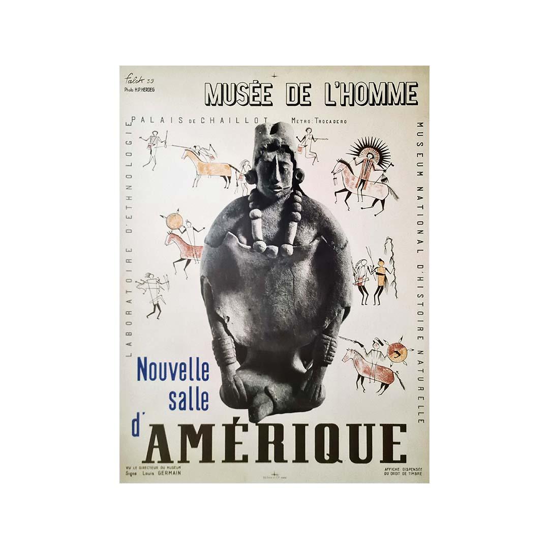 Roger Falck's 1939 original poster for the Musée de l'Homme at the Palais de Chaillot and the Nouvelle Salle d'Amérique is a captivating piece of art and historical documentation. This poster offers a window into a pivotal moment when the Musée de