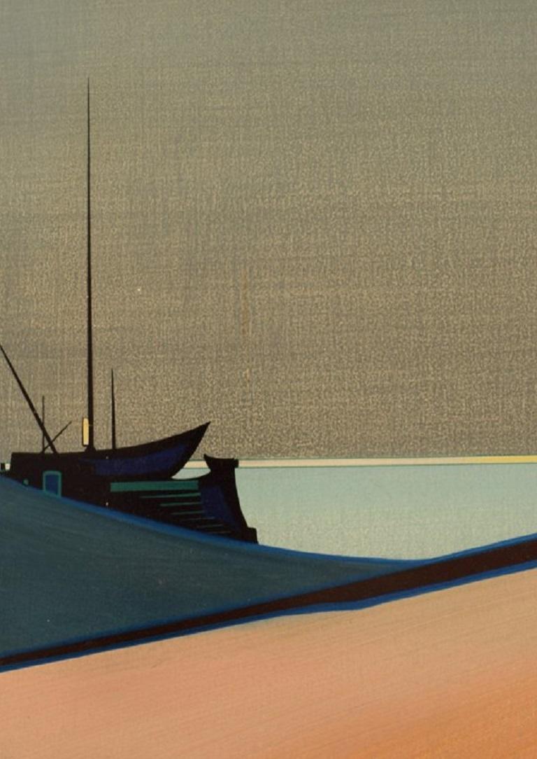 Roger Fayolle, France, Oil on Canvas, Coastal Motif with Sailboats In Excellent Condition In Copenhagen, DK
