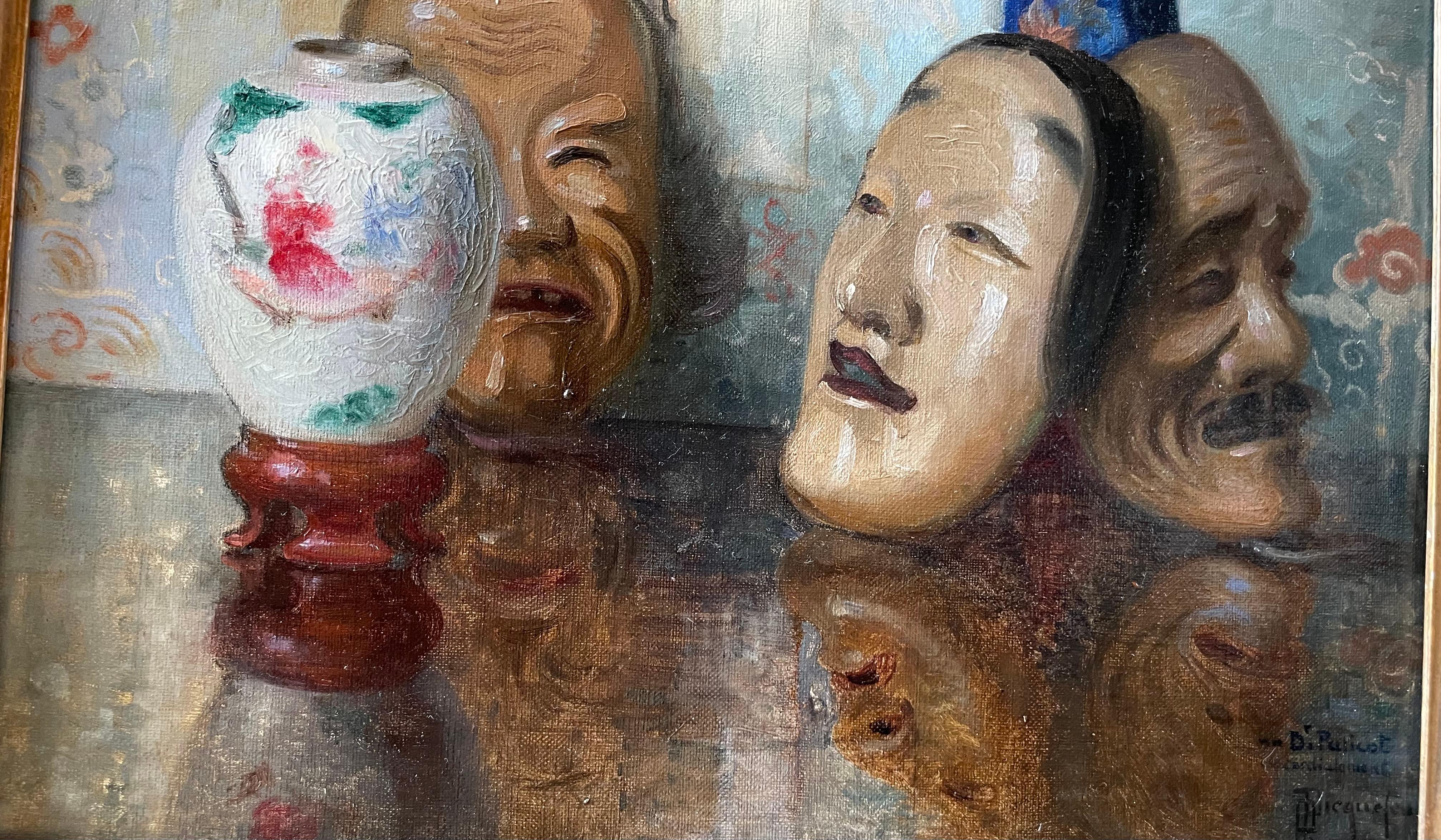 Bodegón con estampa japonesa (probablemente Utagawa Kunisada) y máscaras Noh en venta 5
