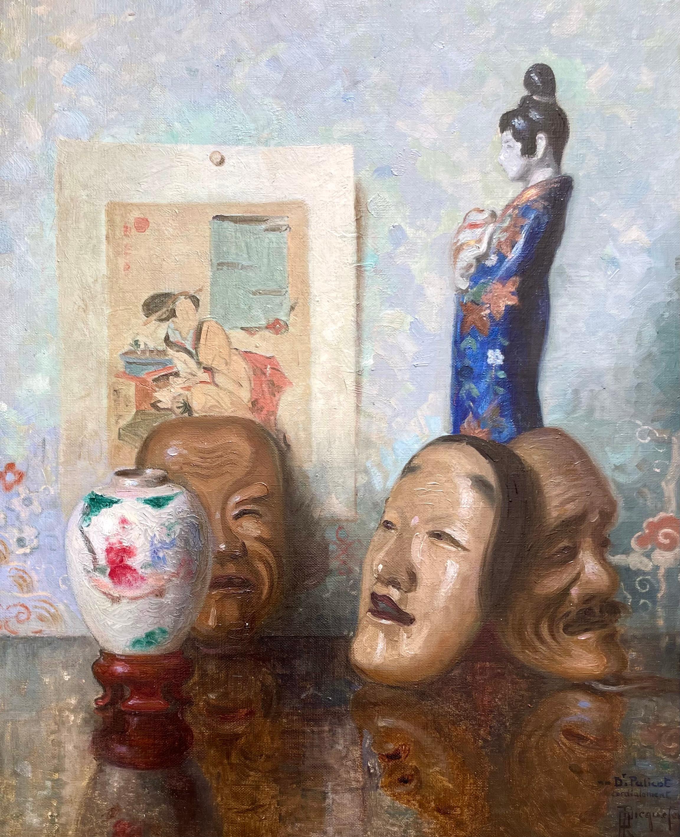 Bodegón con estampa japonesa (probablemente Utagawa Kunisada) y máscaras Noh - Painting de Roger-Francois Picquefeu