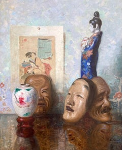 Still life with Japanese print (probably Utagawa Kunisada) and Noh masks