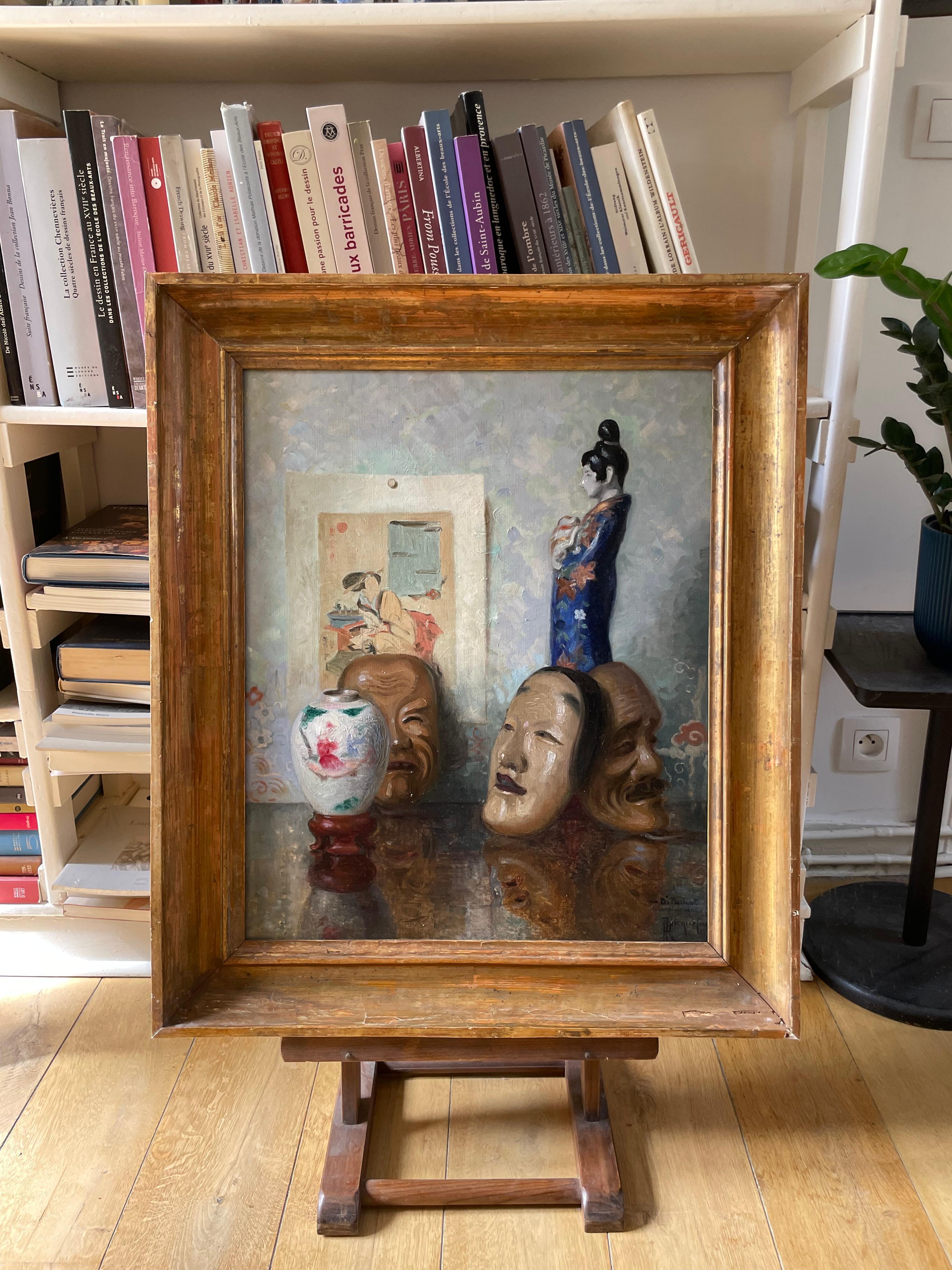 Bodegón con estampa japonesa (probablemente Utagawa Kunisada) y máscaras Noh - Painting Posimpresionista de Roger-Francois Picquefeu