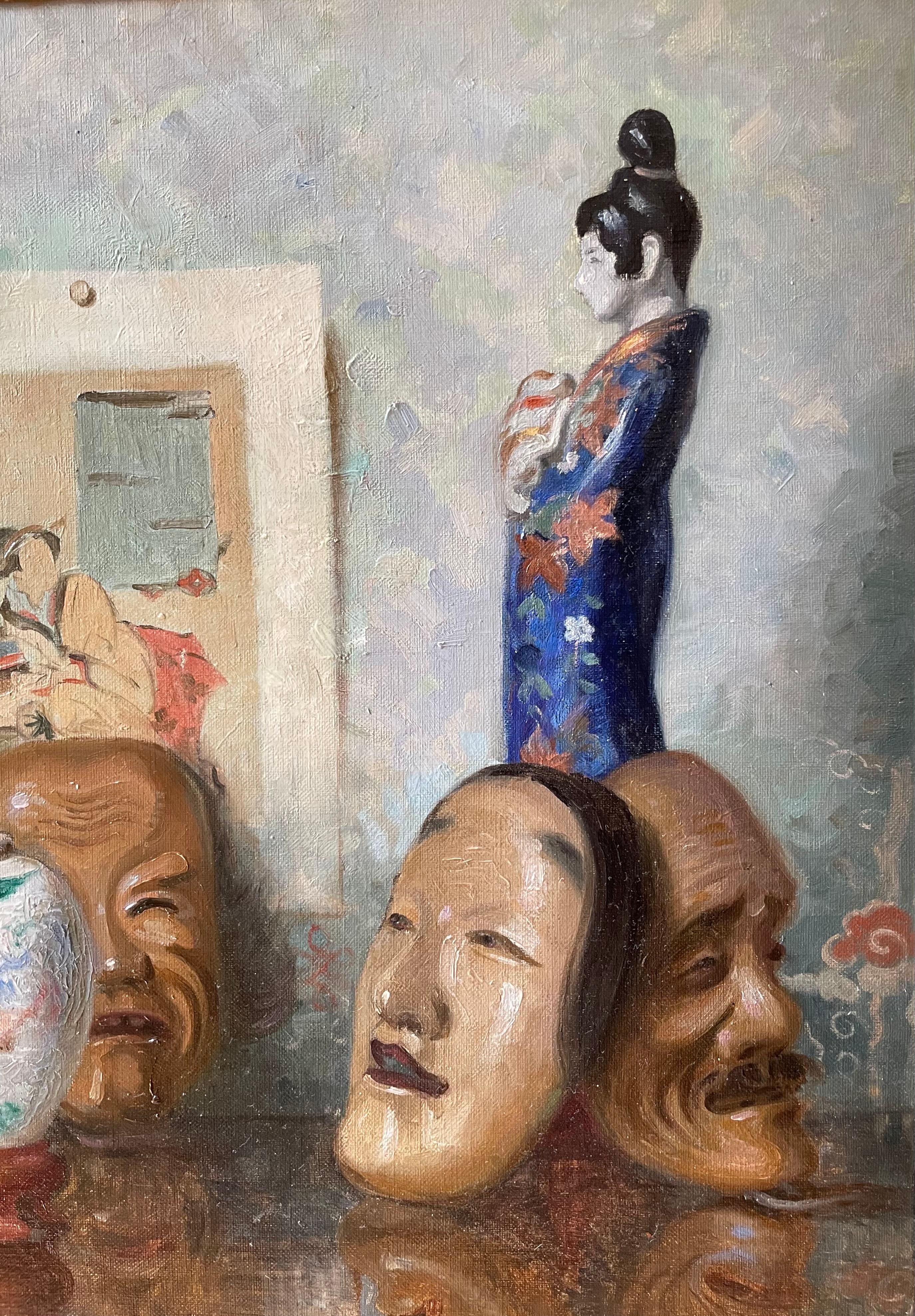 Roger-François PICQUEFEU
París 1864 - Neuilly-sur-Seine 1956

Bodegón con máscaras Noh y estampa japonesa (probablemente Kunisada)
Óleo sobre lienzo
Firmado y dedicado en el ángulo inferior derecho al 