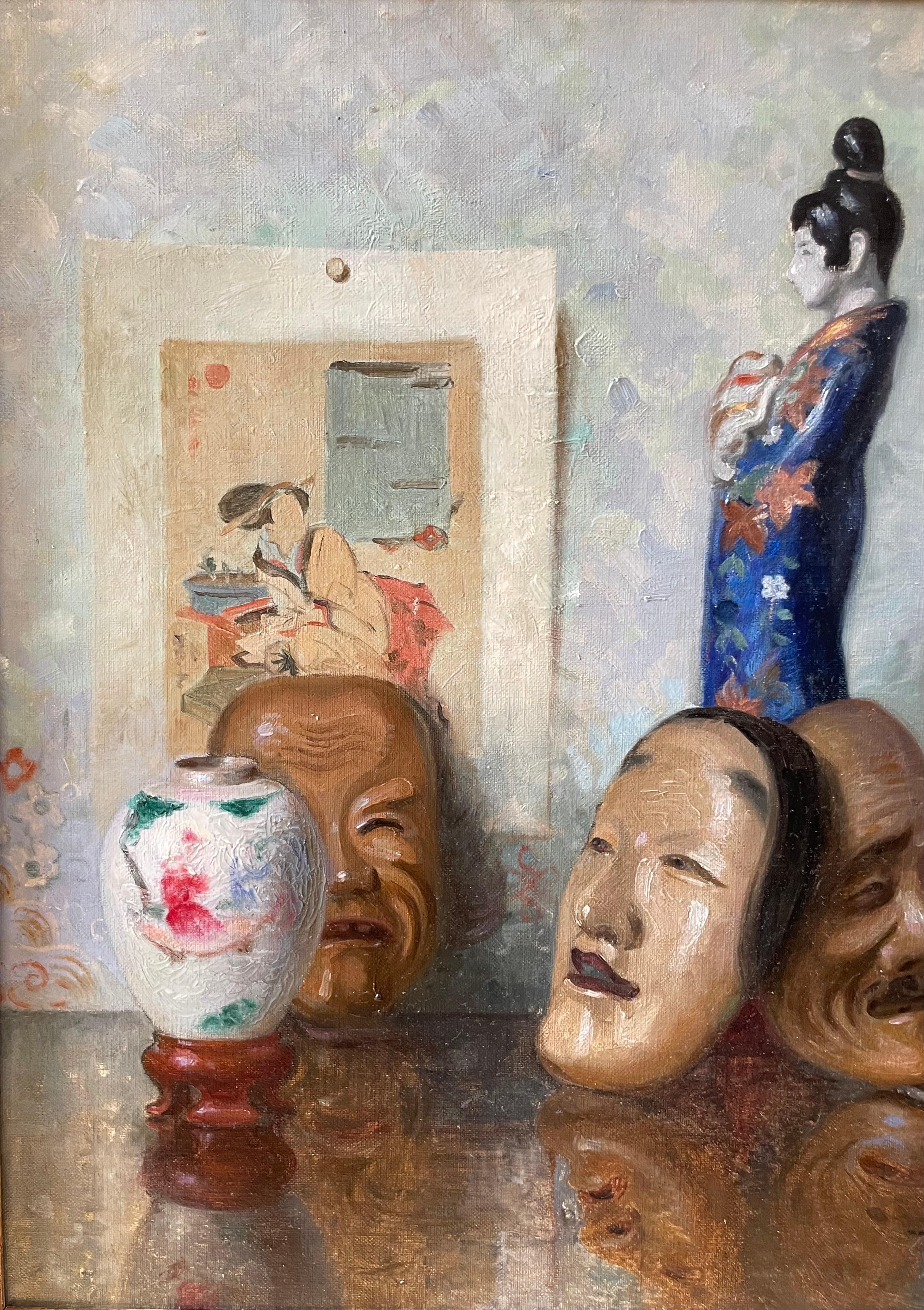 Bodegón con estampa japonesa (probablemente Utagawa Kunisada) y máscaras Noh en venta 1